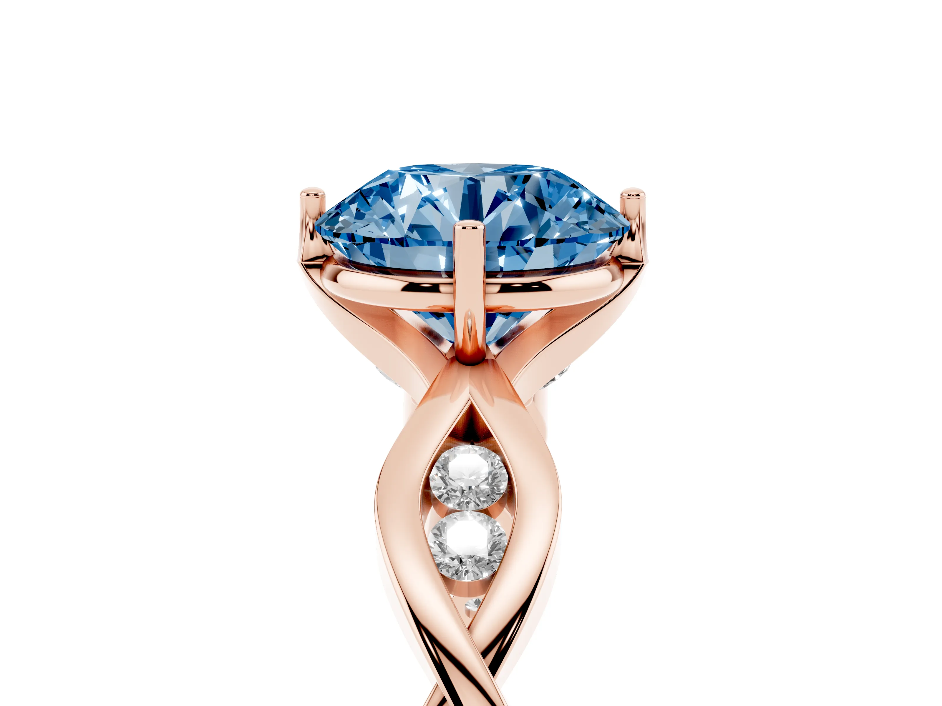 Fancy Blue Round Cut Diamond Twist Band Solitaire Ring Set in Rose gold with Leaf Prong Setting and Accent Stones