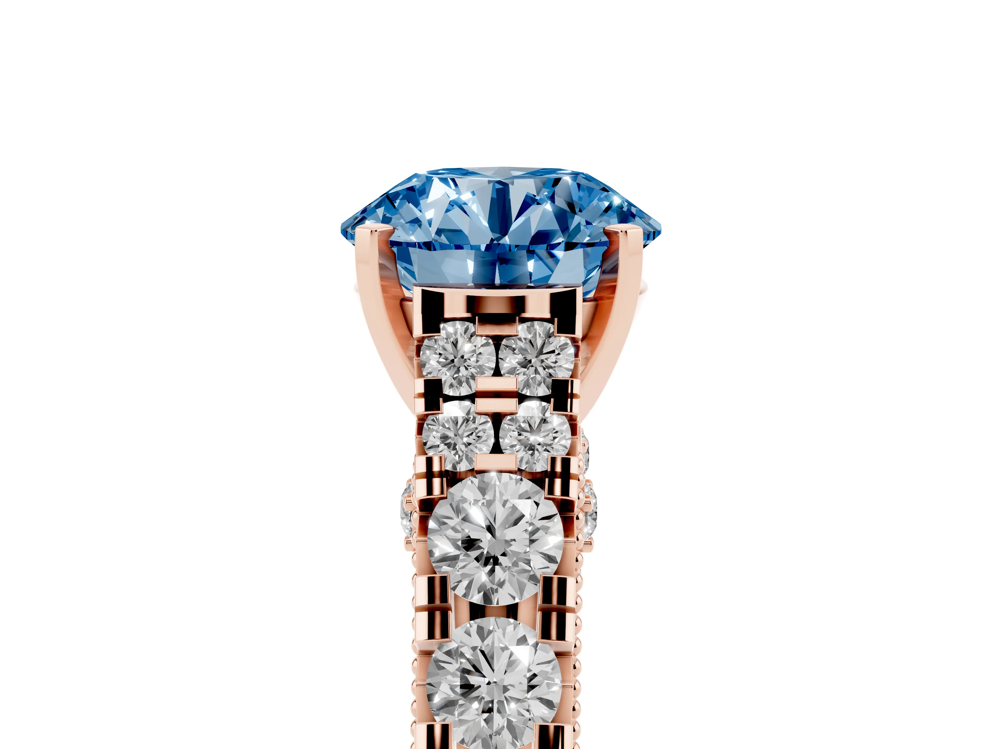 Fancy Blue Round Cut Diamond Classic Solitaire Ring Set in Rose gold with Pavé Band and Prong Setting