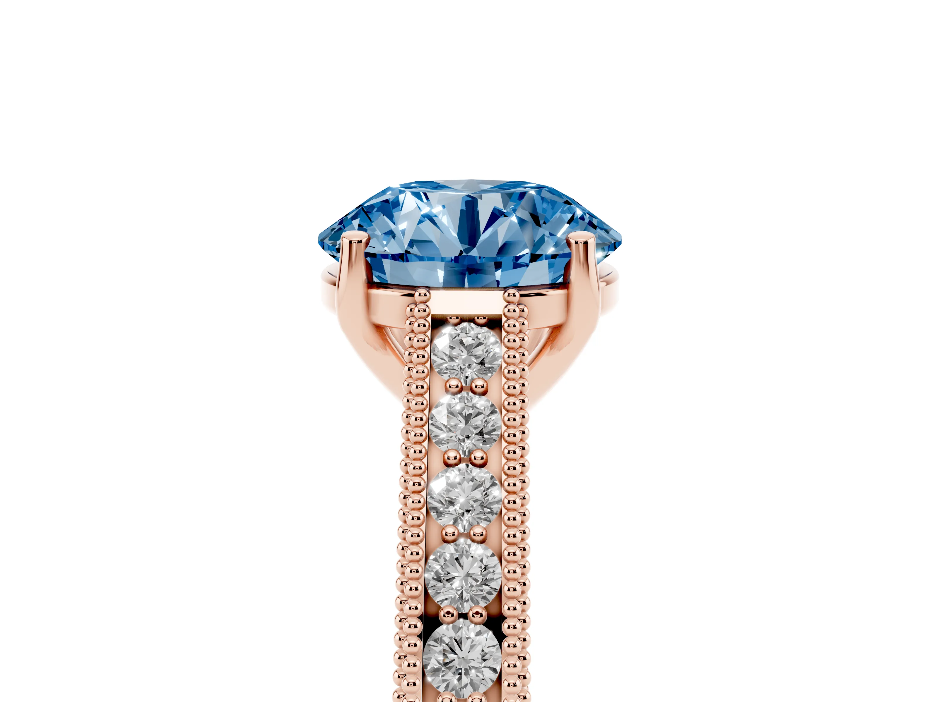 Fancy Blue Round Cut Diamond Milgrain Pavé Band Solitaire Ring Set in Rose gold with Prong Setting