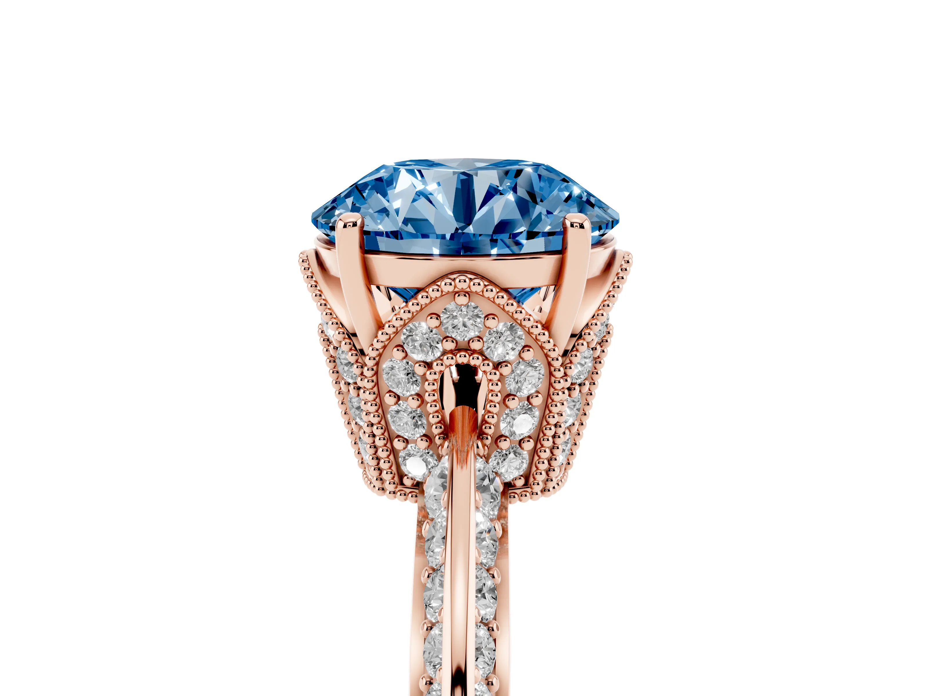 Fancy Blue Round Cut Diamond Solitaire Engagement Ring Set in Rose gold with Pavé Split Shank and Prong Setting