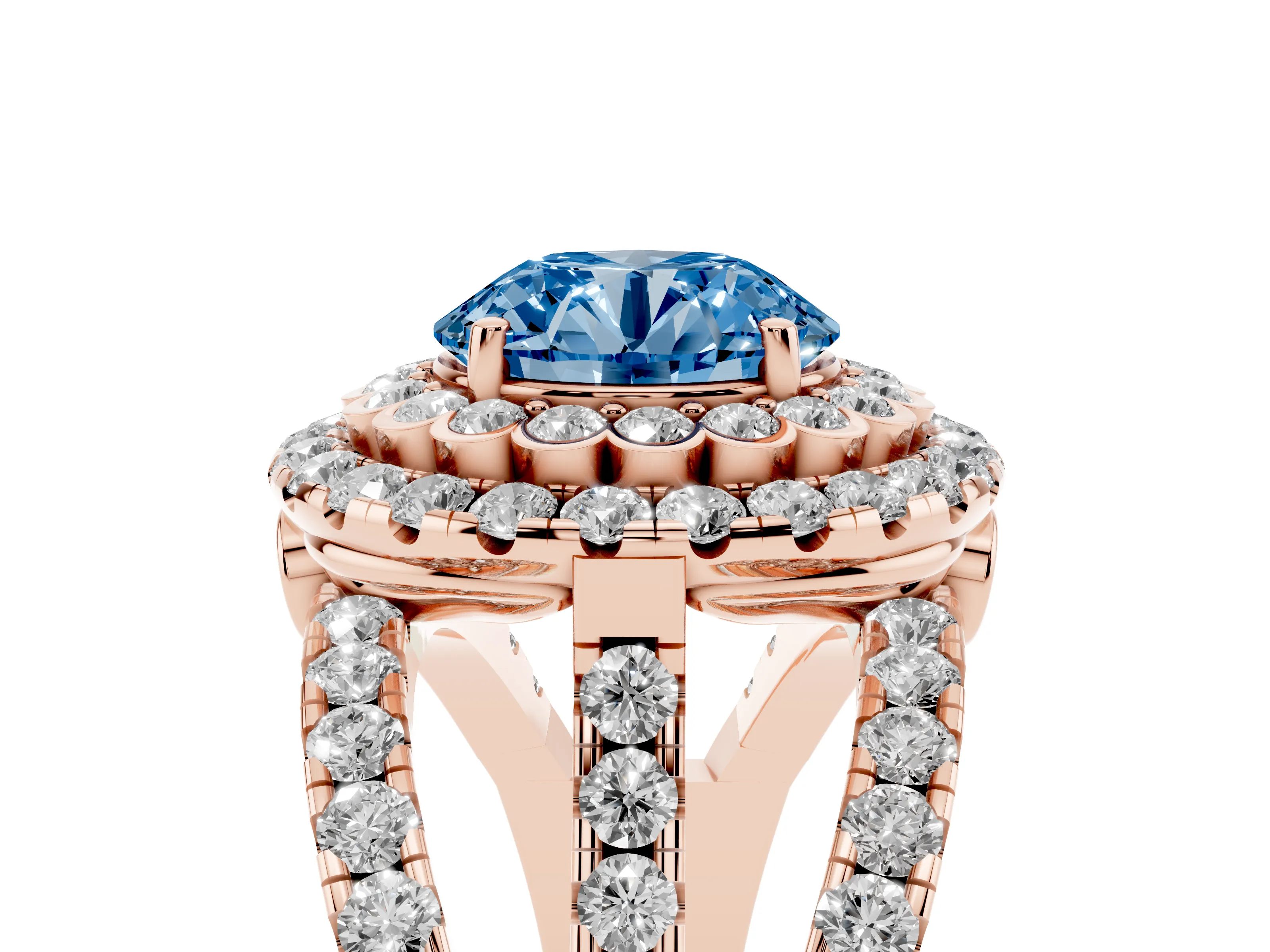 Fancy Blue Round Cut Diamond Double Halo Ring Set in Rose gold with Round Pavé Split Shank