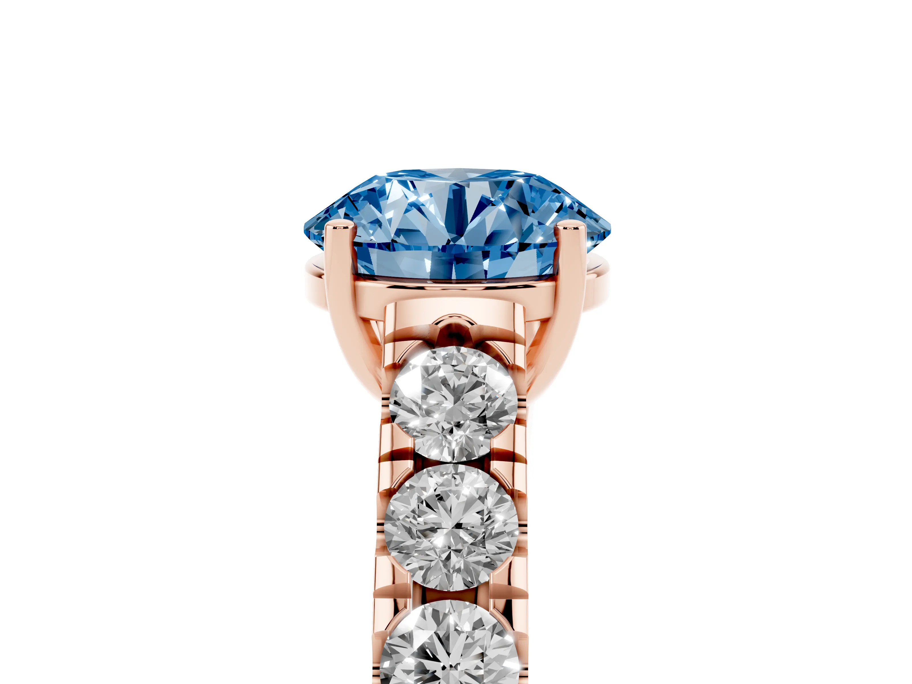 Fancy Blue Round Cut Diamond Solitaire Ring Set in Rose gold with Cut-Down Micro Pavé Band and Prong Setting