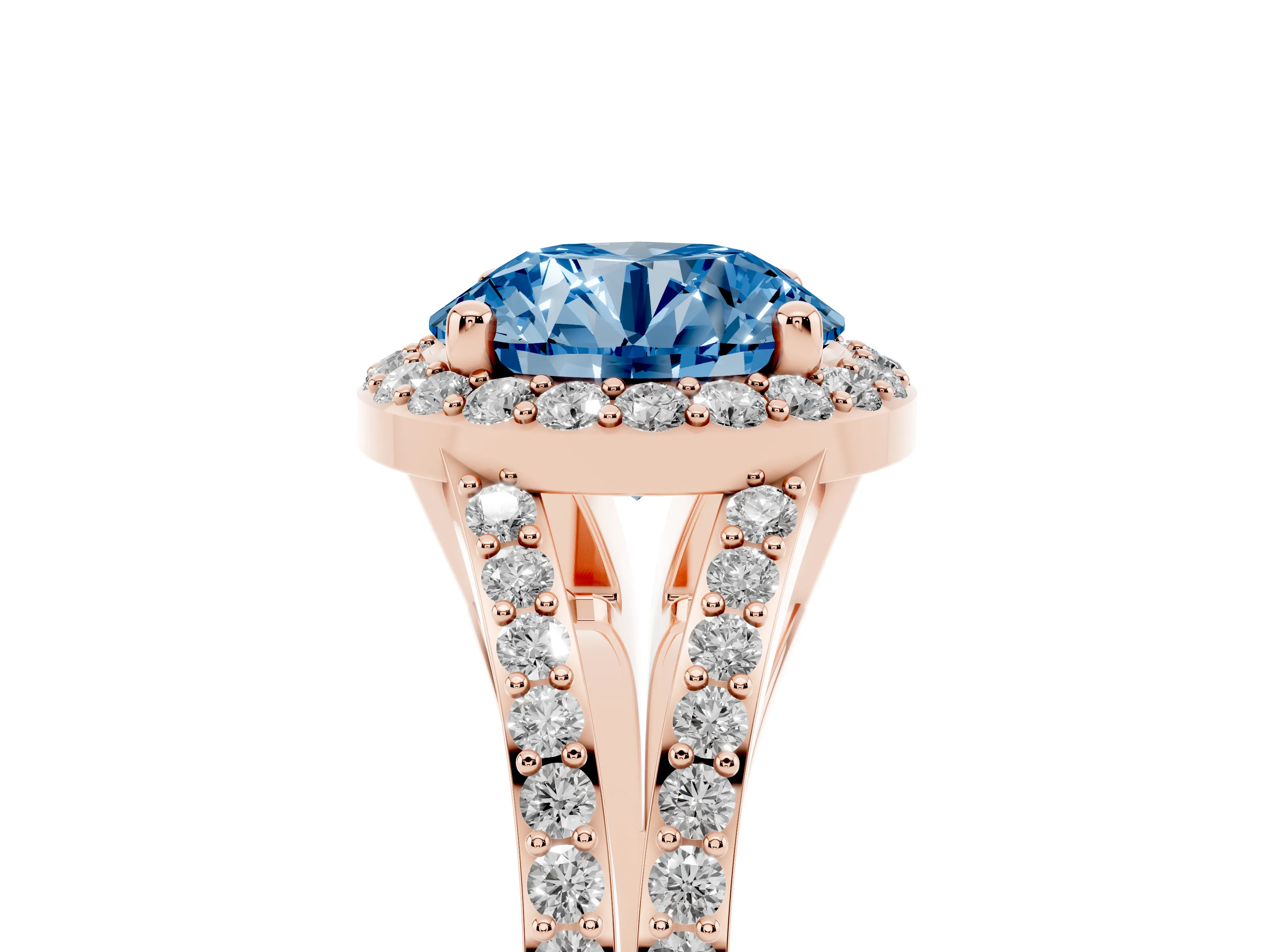 Fancy Blue Round Cut Diamond Halo Split Shank Pavé Ring Set in Rose gold with Prong Setting