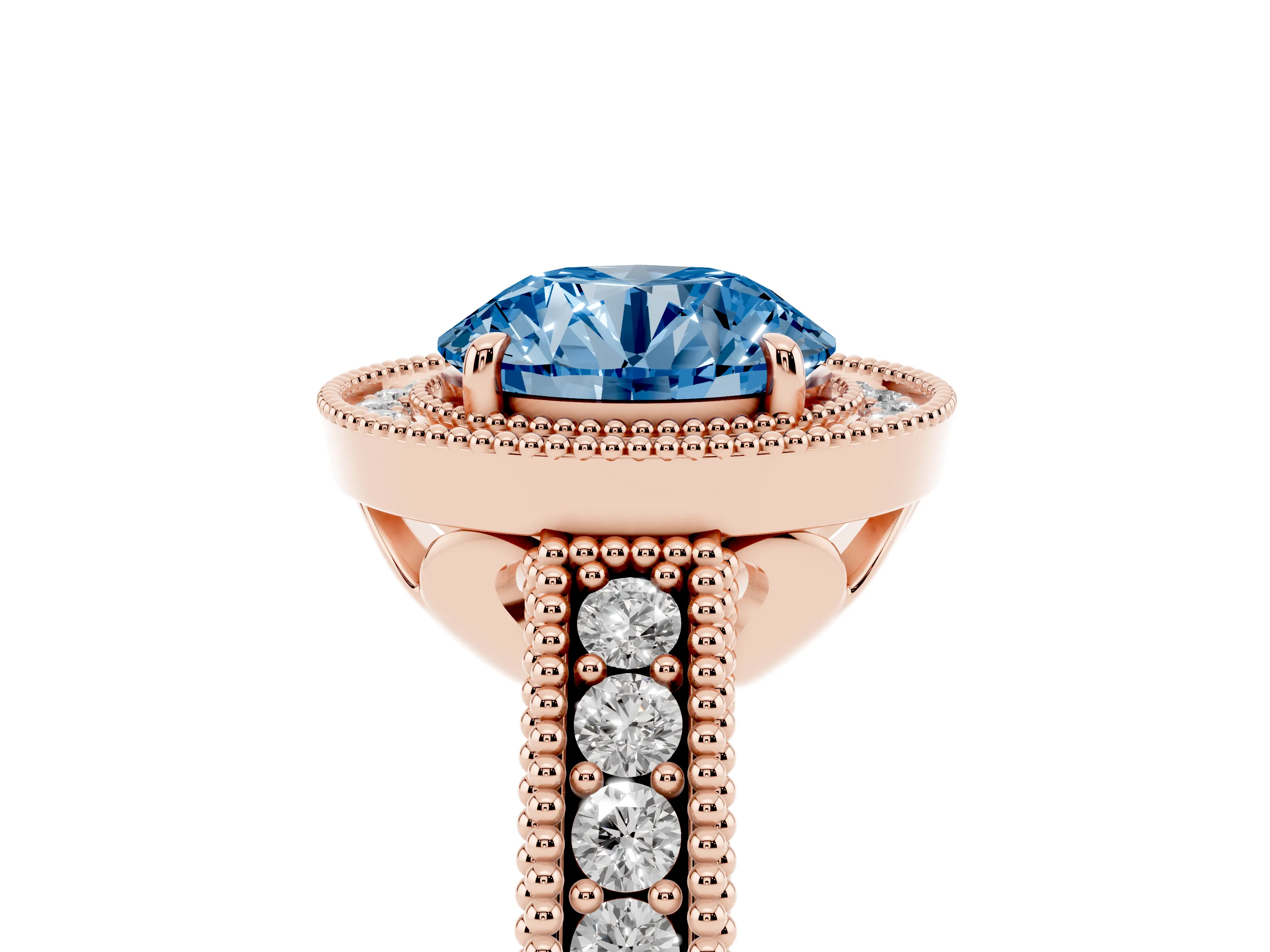 Fancy Blue Round Cut Diamond Halo Ring Set in Rose gold with Round Accent Halo, Pavé Band and Prong Setting