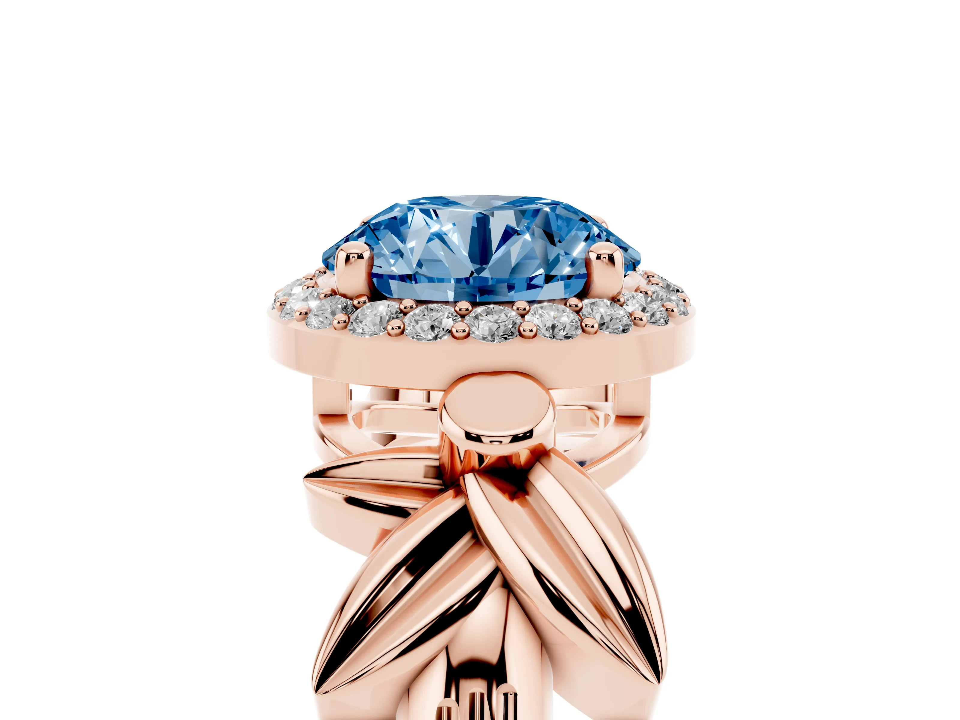 Fancy Blue Round Cut Diamond Halo Floral Band Ring Set in Rose gold with Prong Setting