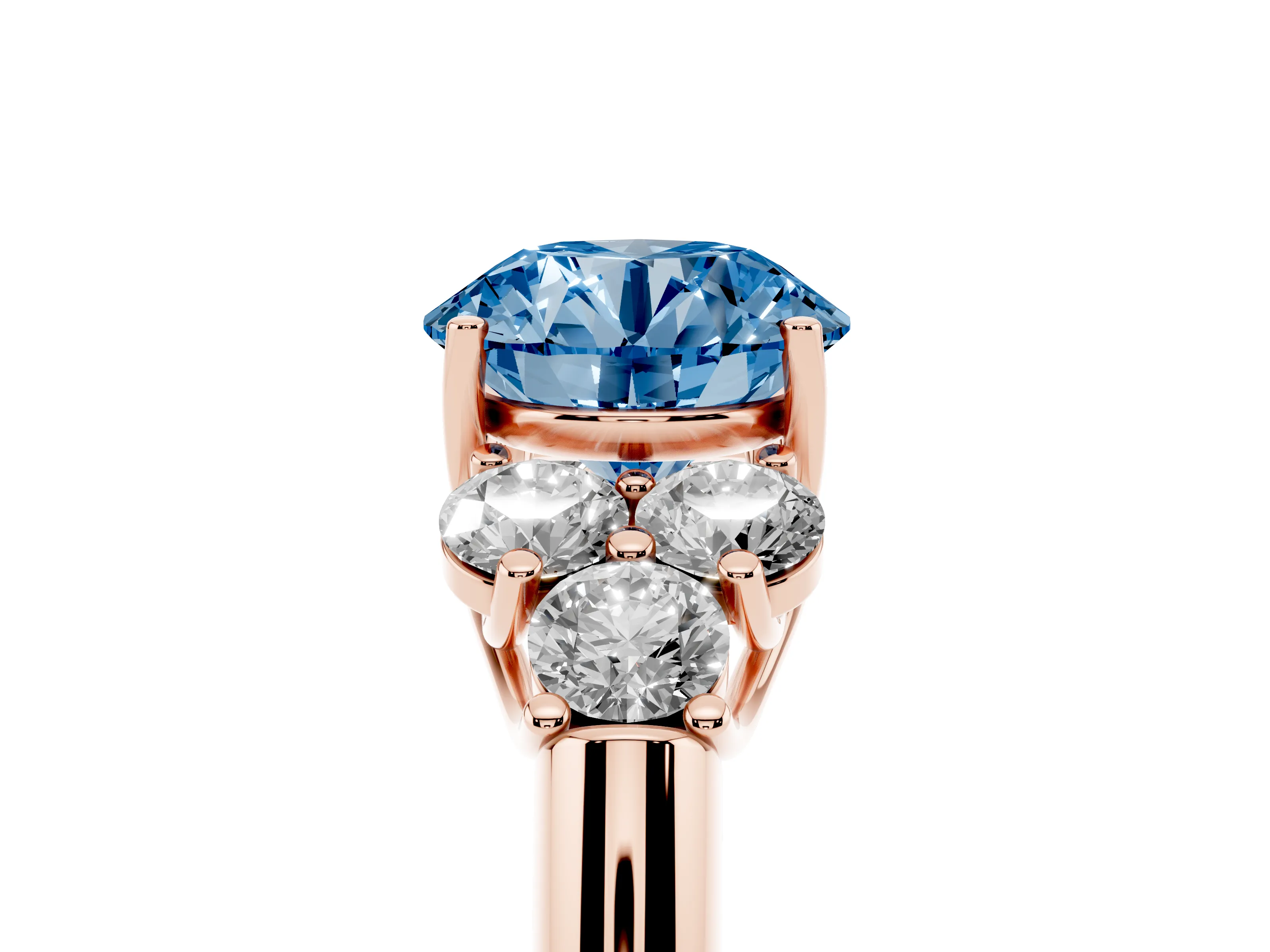 Fancy Blue Round Cut Diamond Cluster Ring Set in Rose gold with Round Accent Stones and Prong Setting on a Plain Band