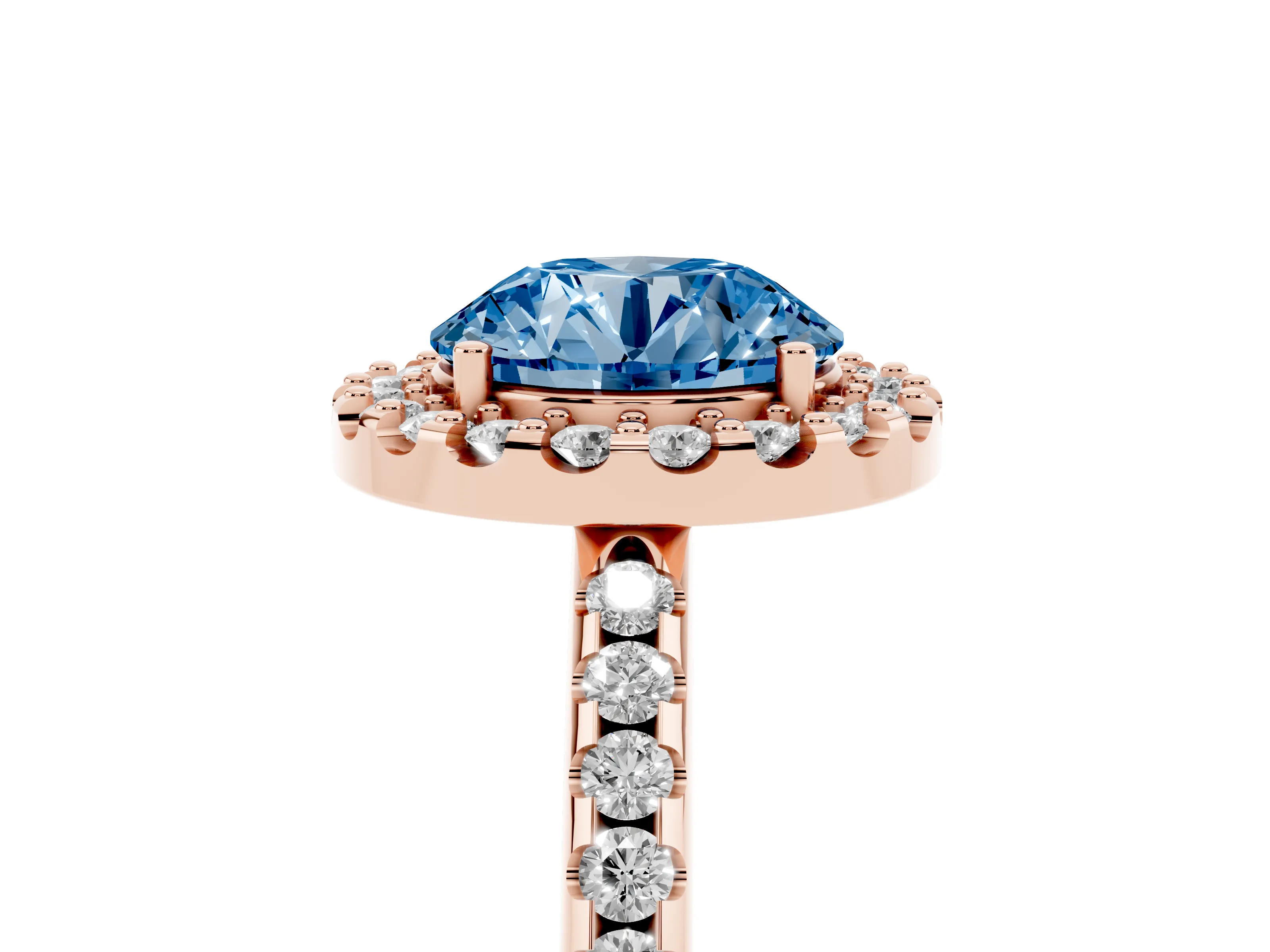 Fancy Blue Round Cut Diamond Pavé Halo Ring Set in Rose gold with Prong Setting
