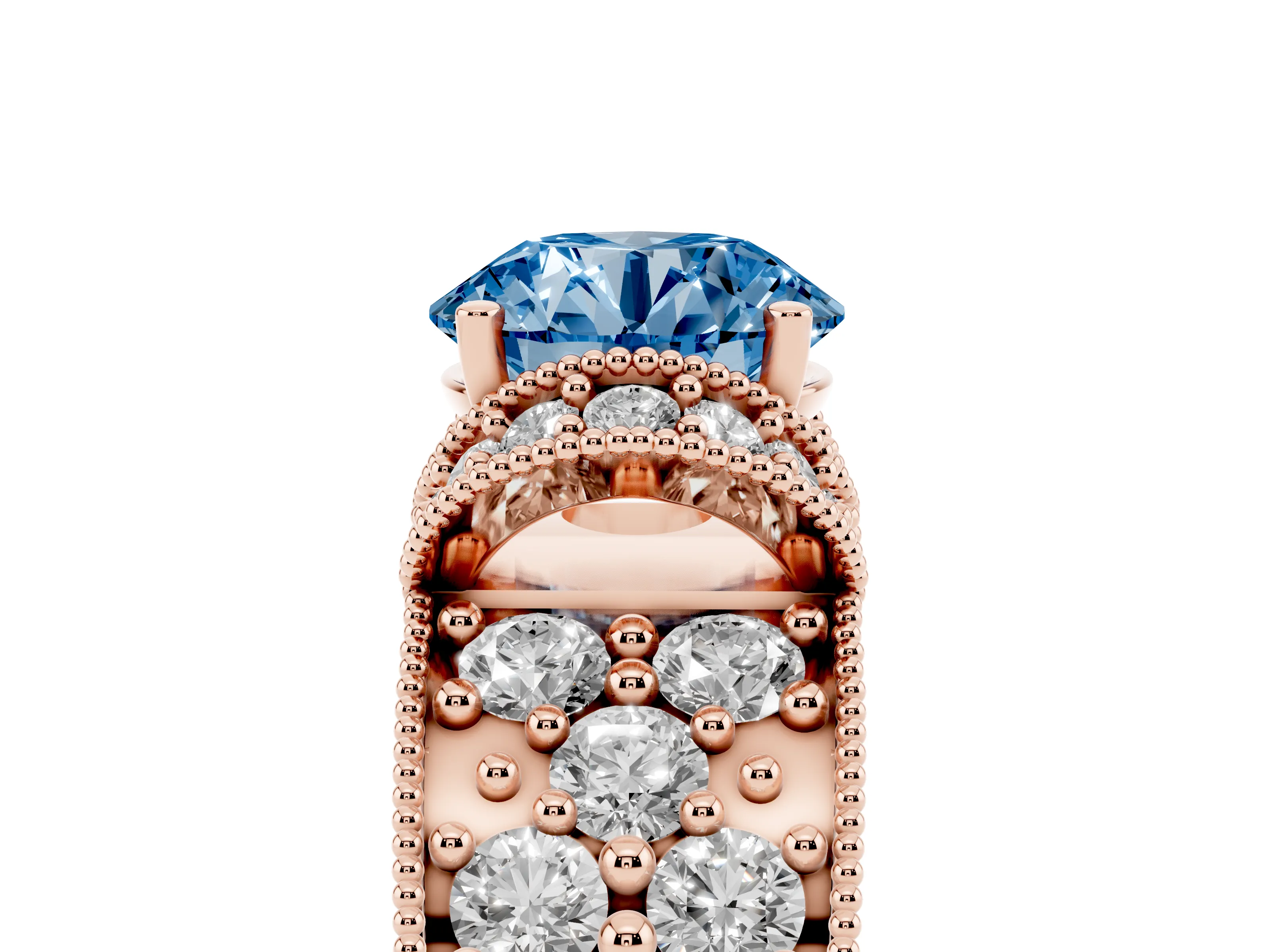 Fancy Blue Round Cut Diamond Milgrain Halo Pavé Engagement Ring Set in Rose gold with Prong Setting