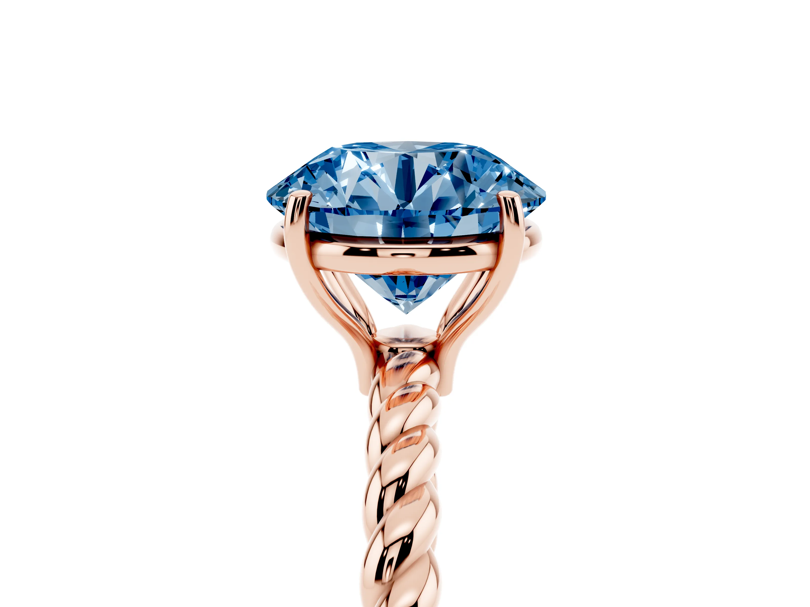 Fancy Blue Round Cut Diamond Solitaire Ring Set in Rose gold with Twist Band and Prong Setting