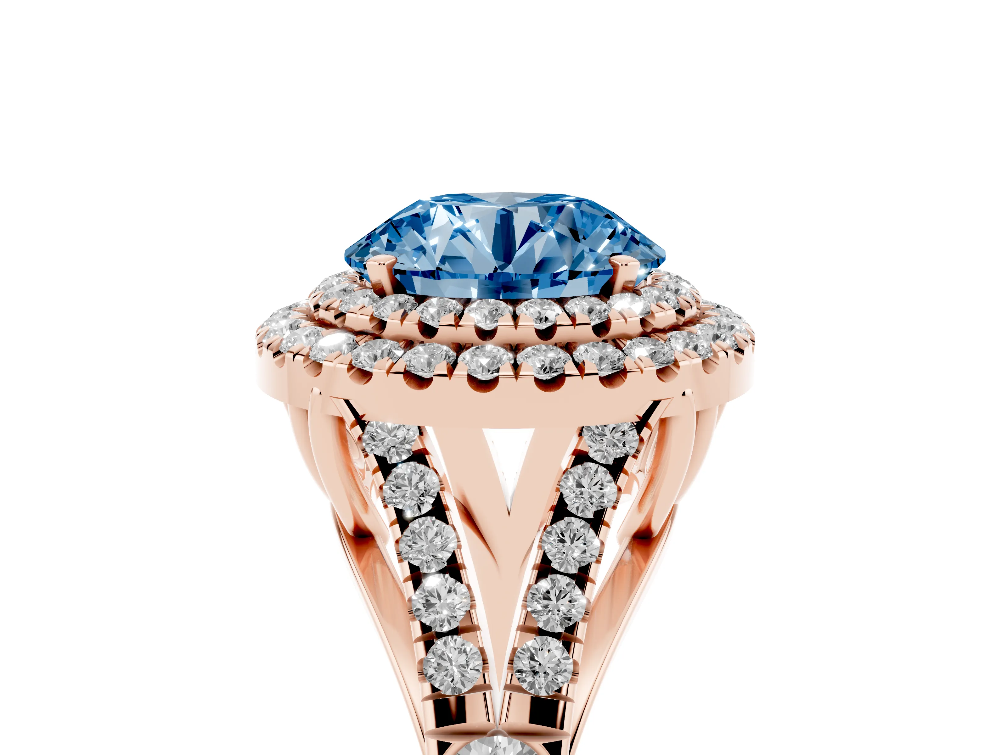 Fancy Blue Round Cut Diamond Pavé Split Shank Double Halo Engagement Ring Set in Rose gold