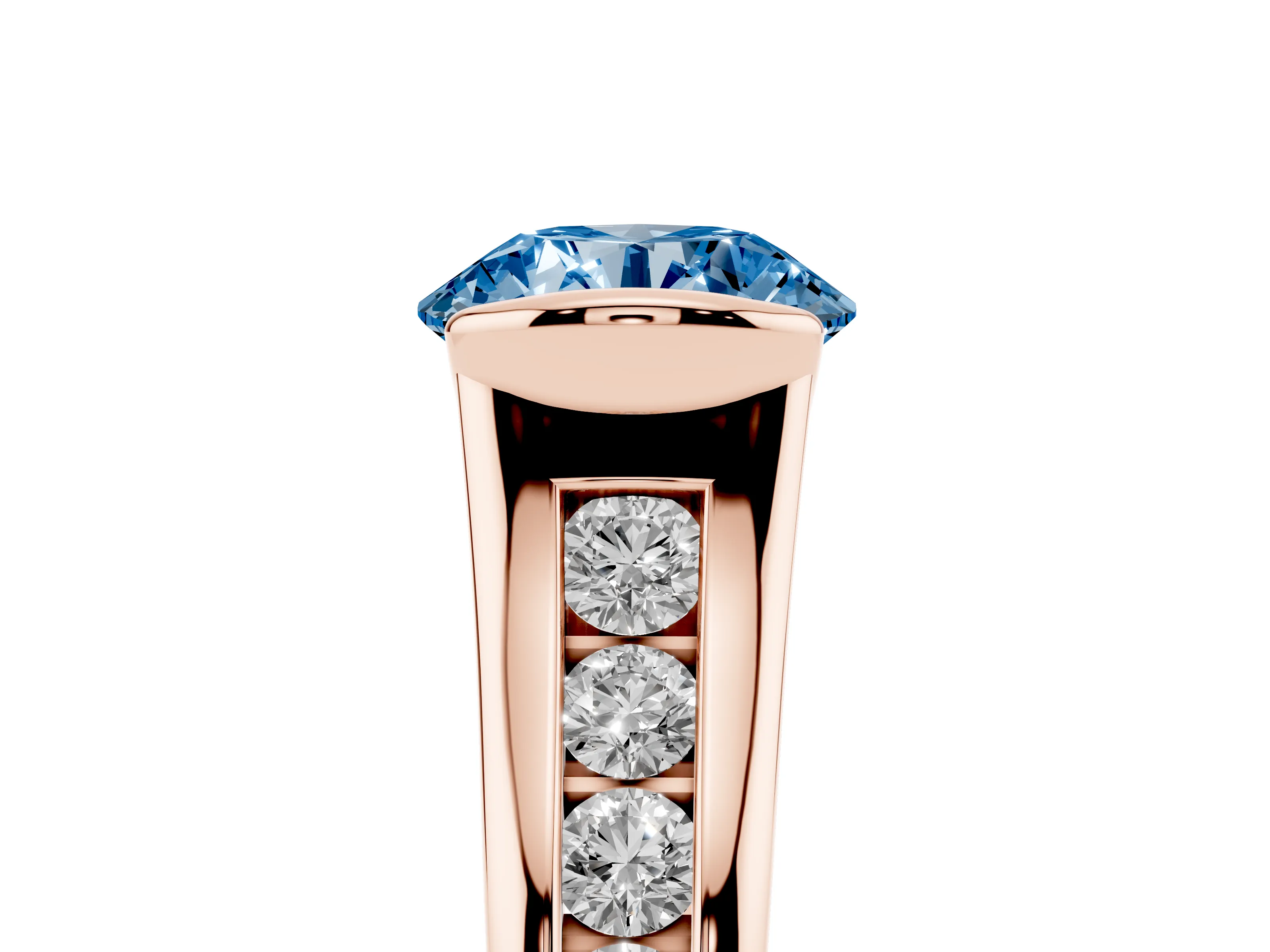 Fancy Blue Round Cut Diamond Bezel-Set Solitaire Ring Set in Rose gold with Channel-Set Band