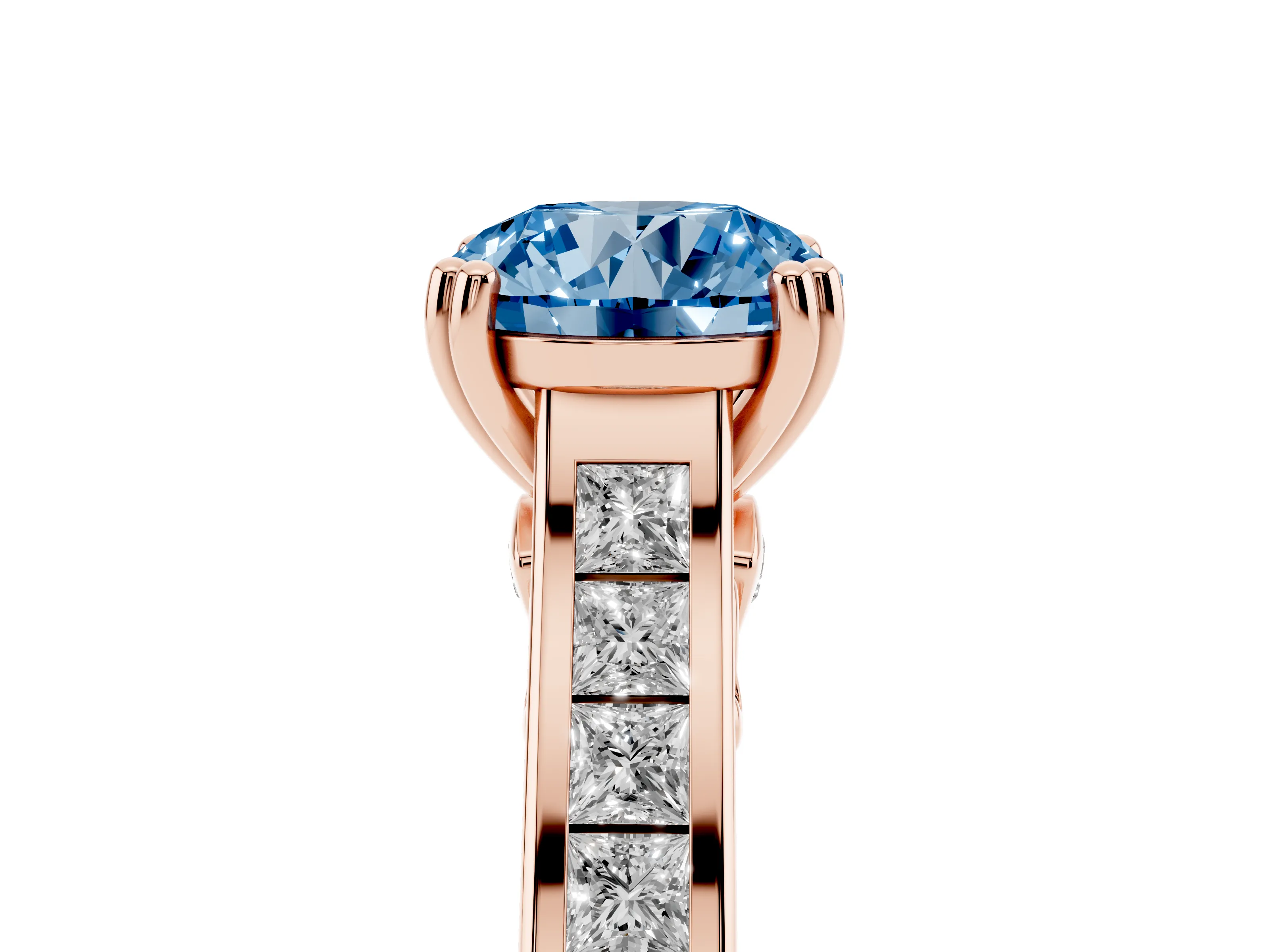 Fancy Blue Round Cut Diamond Channel Set Solitaire Engagement Ring Set in Rose gold with Prong Setting
