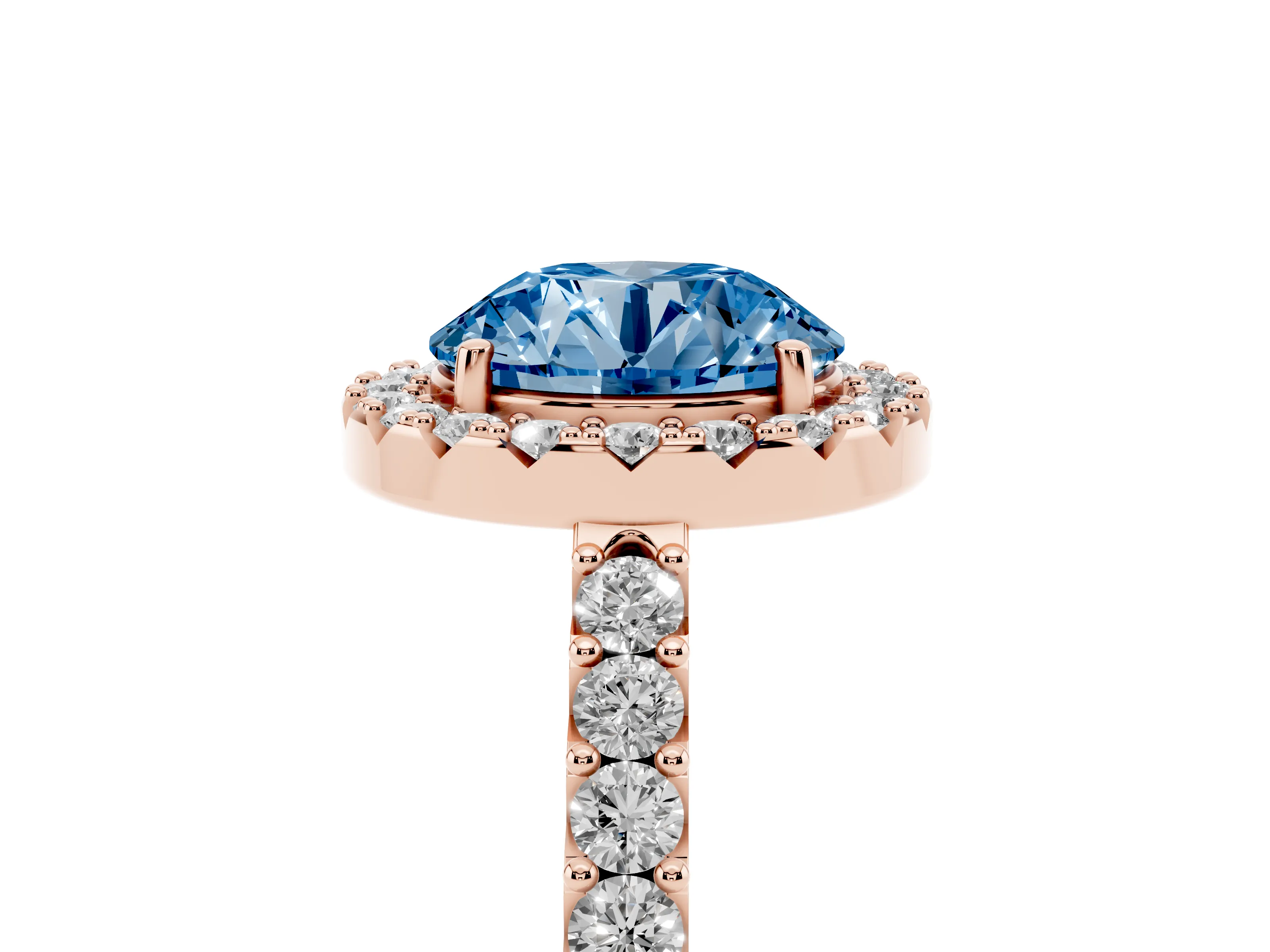 Fancy Blue Round Cut Diamond Halo Pavé Solitaire Ring Set in Rose gold with Prong-Set Center Stone