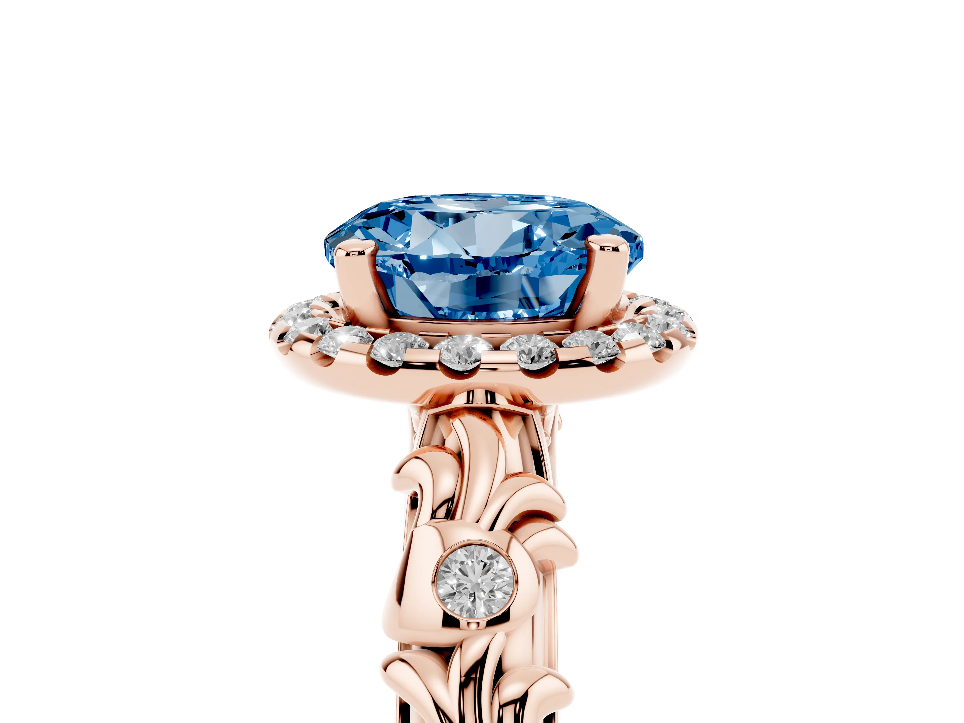 Fancy Blue Round Cut Diamond Halo Ring Set in Rose gold with Filigree Leaf Band and Prong Setting
