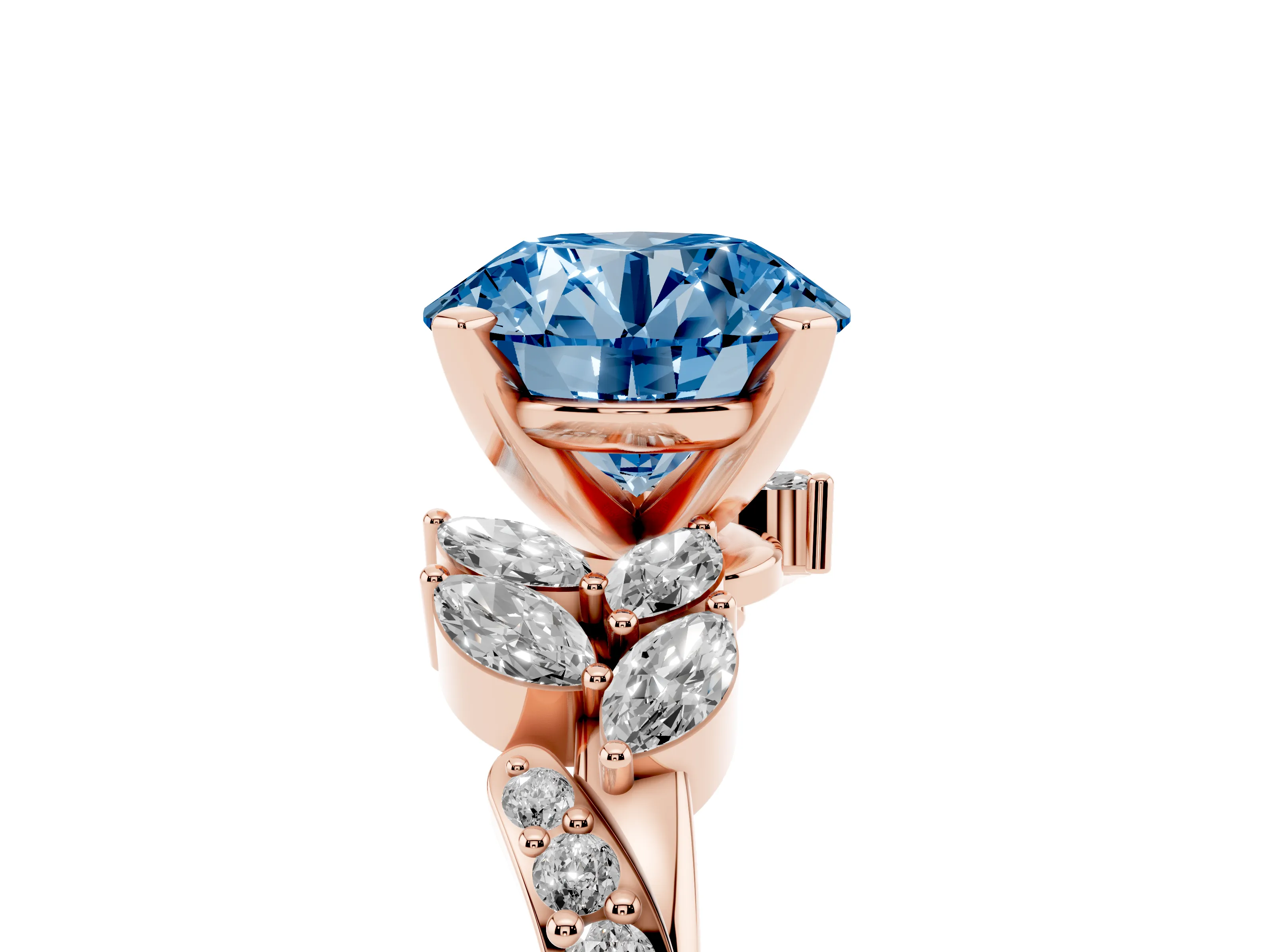 Fancy Blue Round Cut Diamond Solitaire Ring Set in Rose gold with Marquise Twist Band and Prong Setting