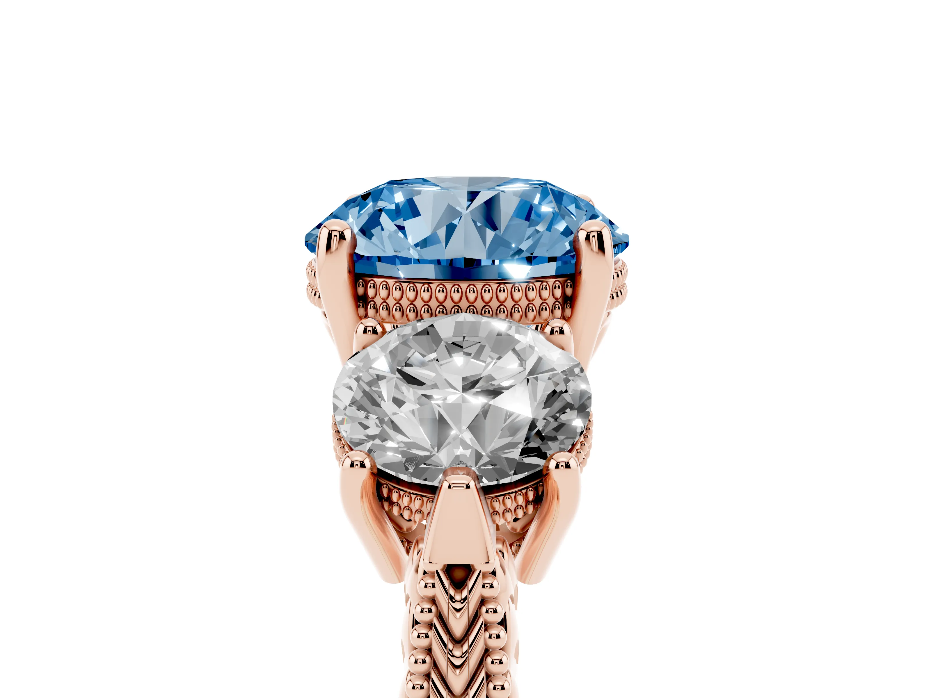 Fancy Blue Round Cut Diamond Three-Stone Ring Set in Rose gold with Milgrain Band
