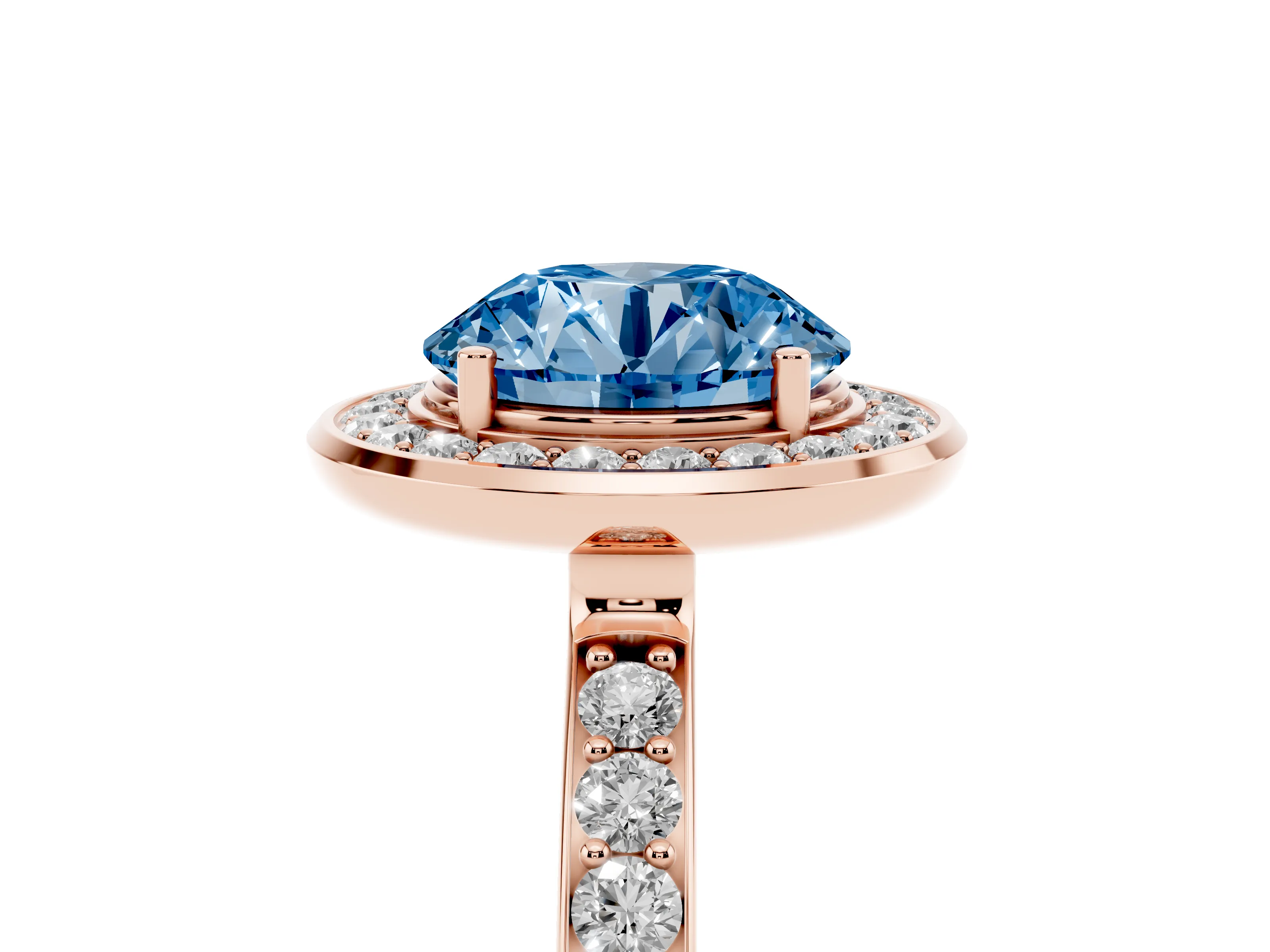 Fancy Blue Round Cut Diamond Halo Ring Set in Rose gold with Bezel Frame and Pavé Band
