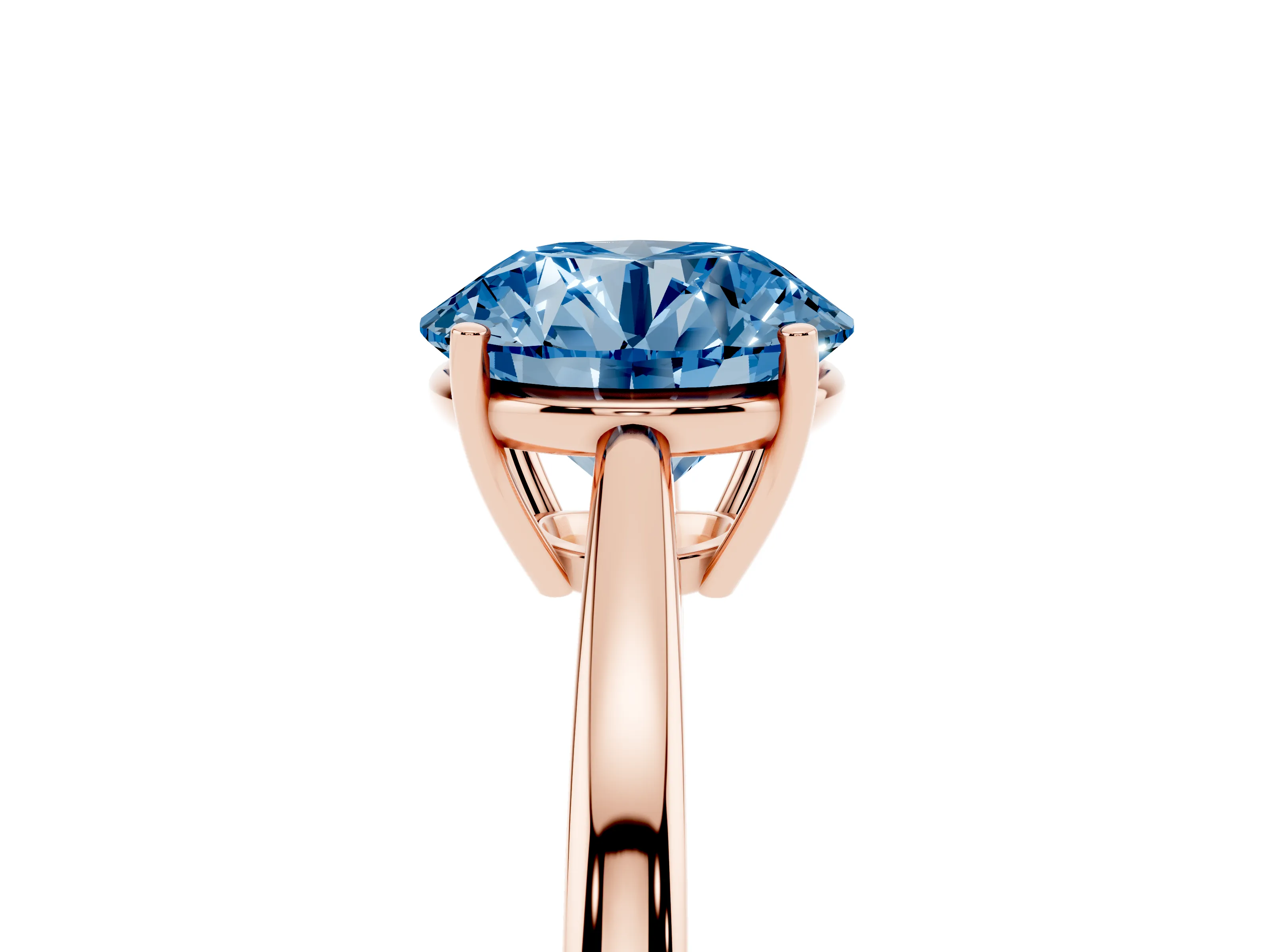 Fancy Blue Round Cut Diamond Solitaire Ring Set in Rose gold with Split Shank and Prong Setting