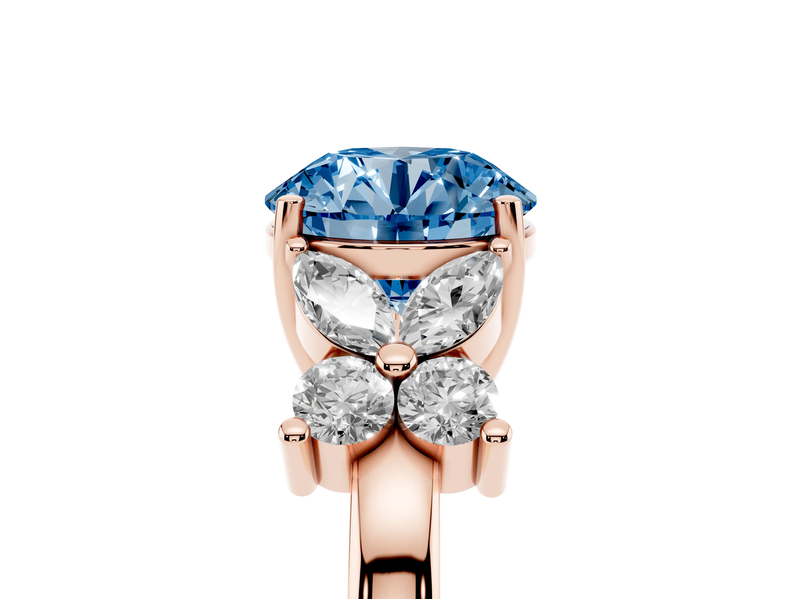 Fancy Blue Round Cut Diamond Floral Cluster Ring Set in Rose gold with Marquise Petals and Prong Setting