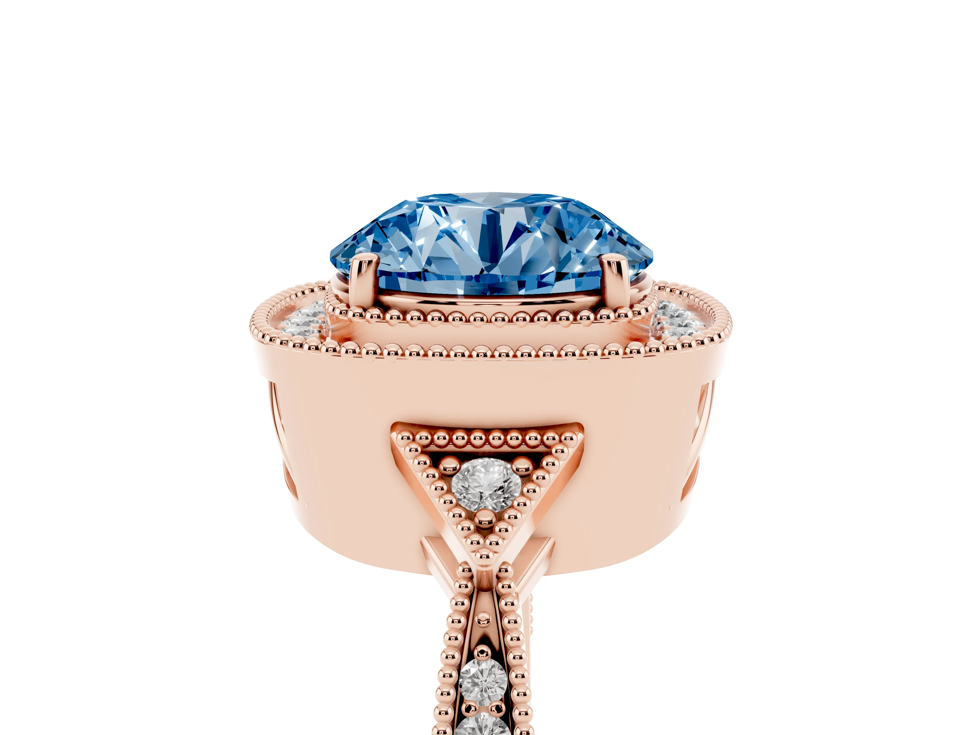 Fancy Blue Round Cut Diamond Halo Engagement Ring Set in Rose gold with Milgrain Pavé Band