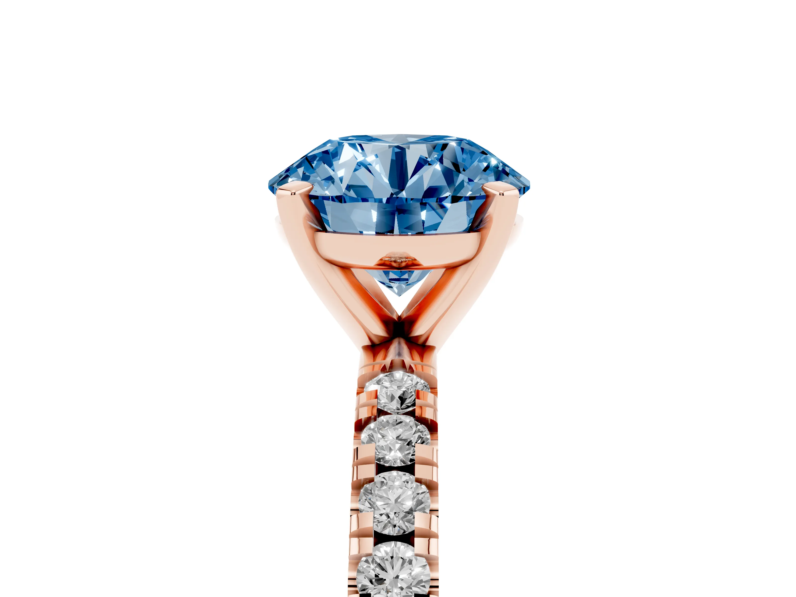 Fancy Blue Round Cut Diamond Pavé Band Solitaire Set in Rose gold with Prong Setting