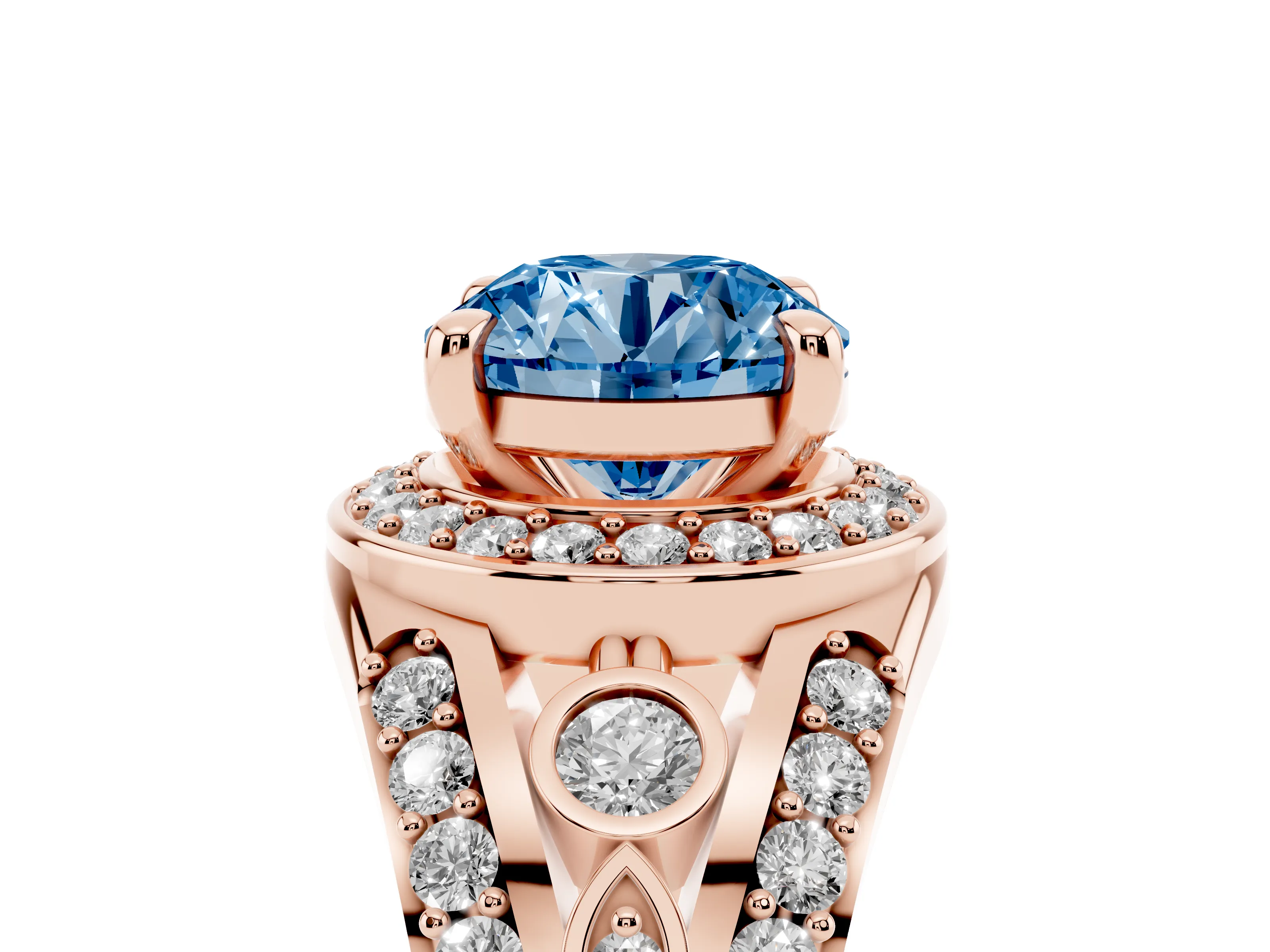 Fancy Blue Round Cut Diamond Halo Ring Set in Rose gold with Pavé Split Shank and Bezel Accents