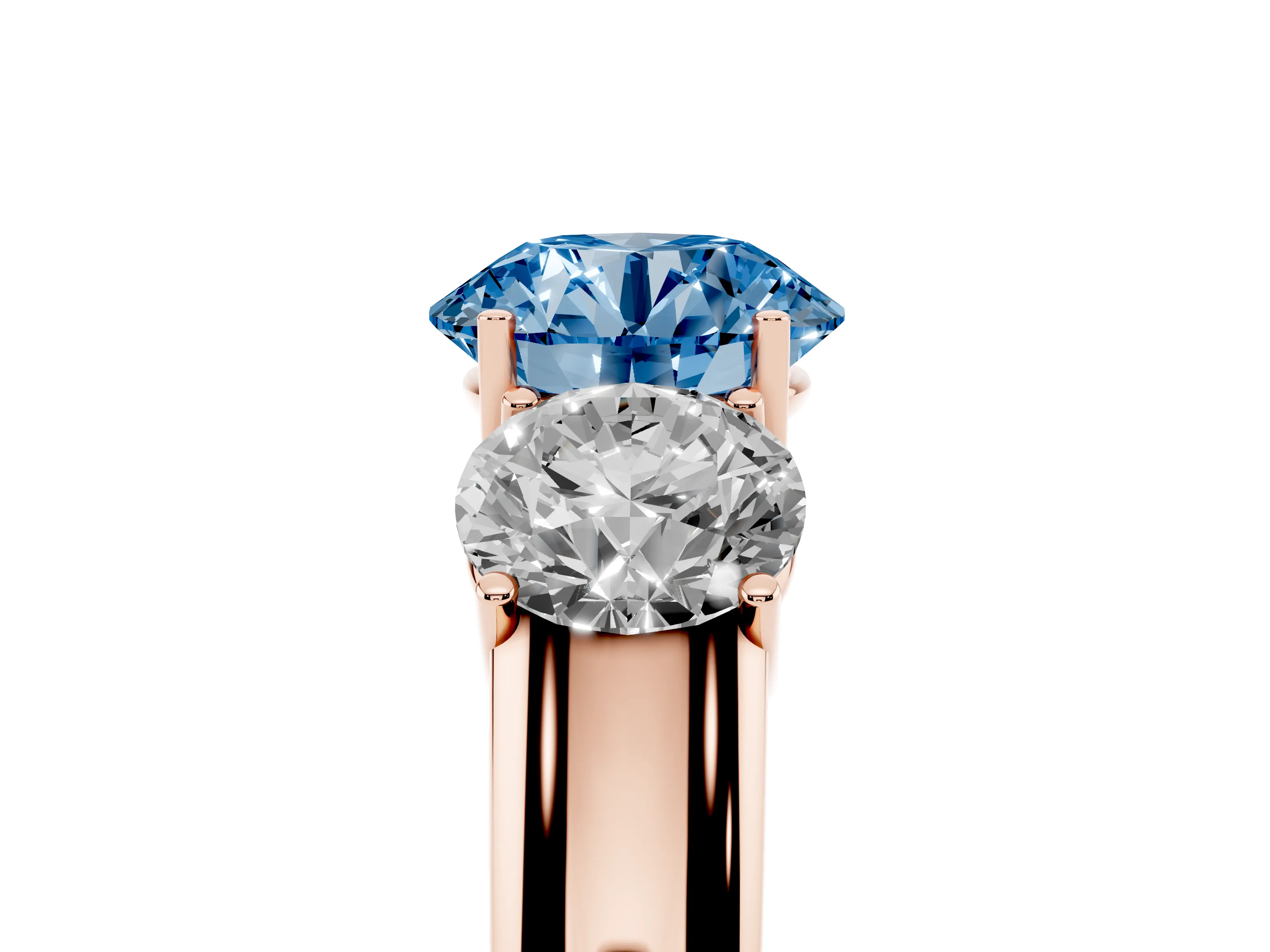 Fancy Blue Three-Stone Round Cut Diamond Ring Set in Rose gold with Matching Prong Settings and Plain Band