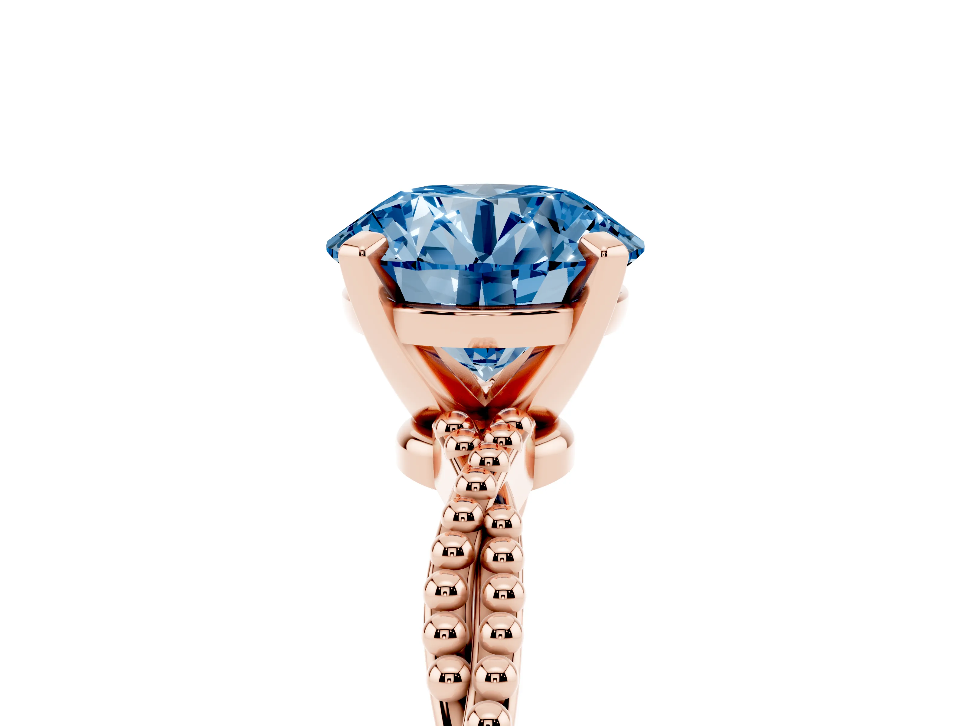 Fancy Blue Round Cut Diamond Solitaire Ring Set in Rose gold with Twisted Band and Bead Prong Setting