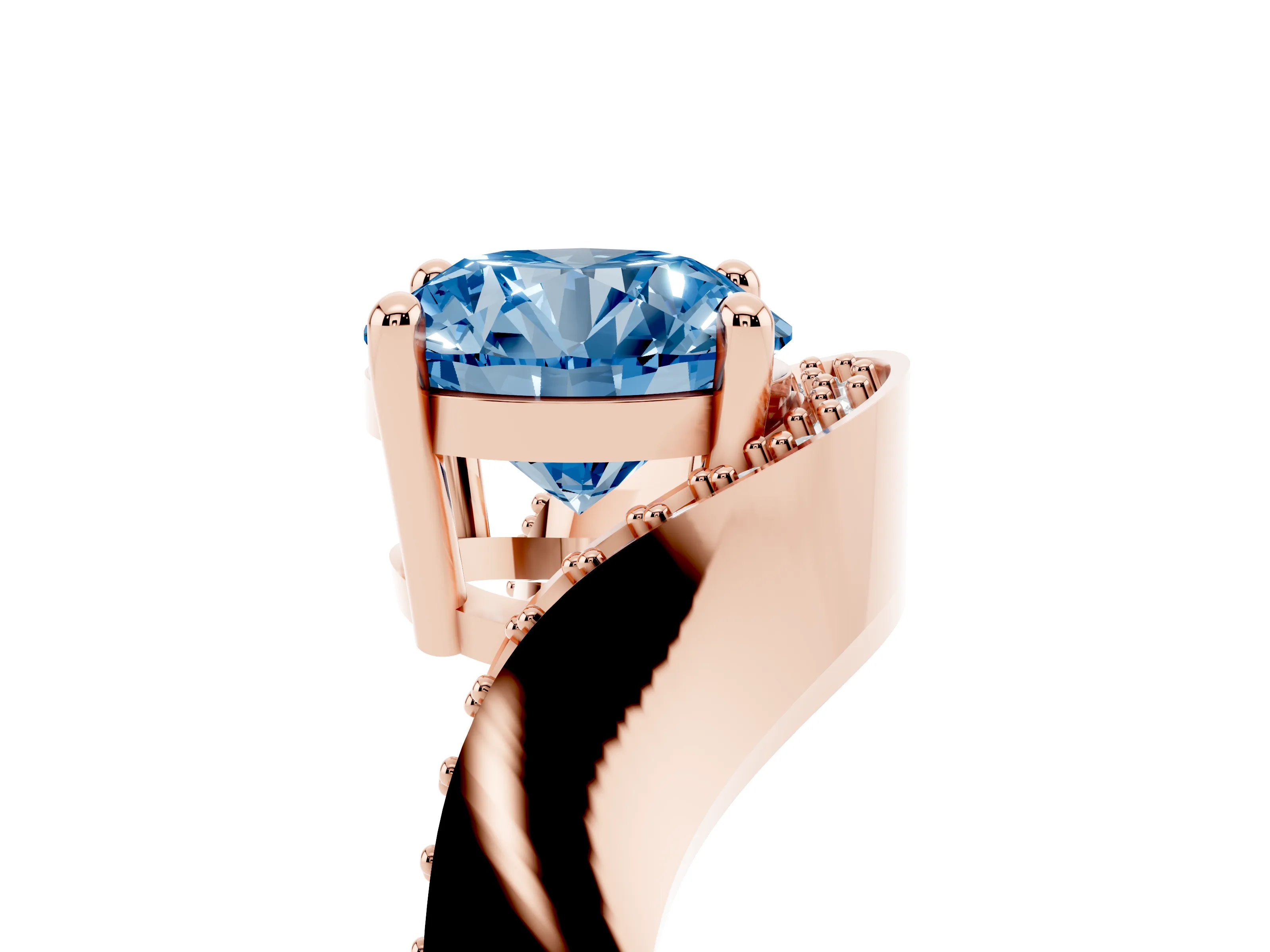 Fancy Blue Round Cut Diamond Solitaire Engagement Ring Set in Rose gold with Pavé Shoulders