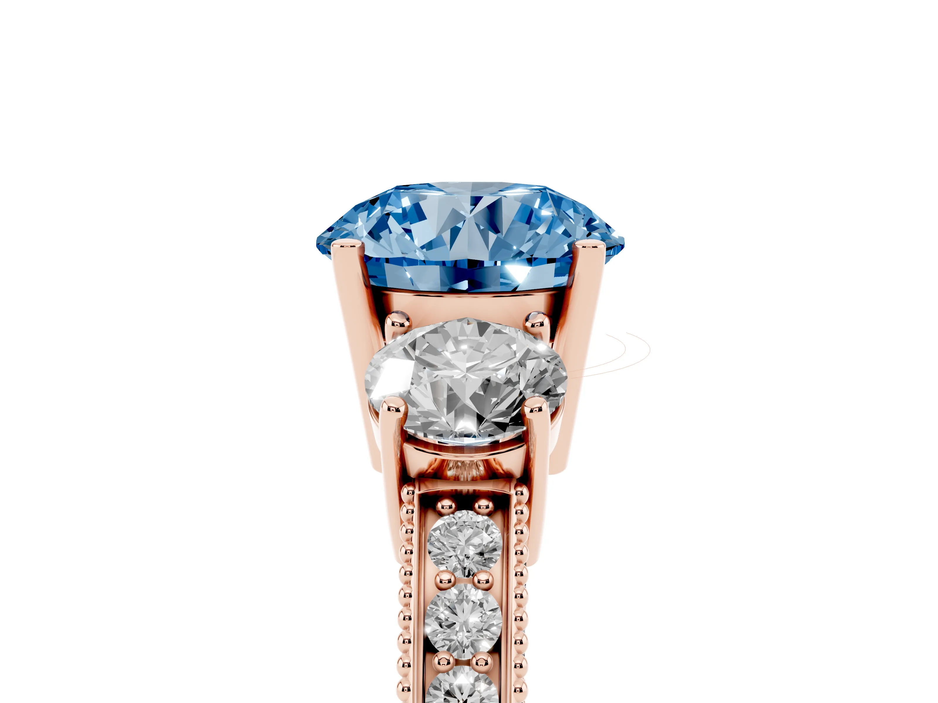 Fancy Blue Round Cut Diamond Three-Stone Ring Set in Rose gold with Round Side Stones and Pavé Band