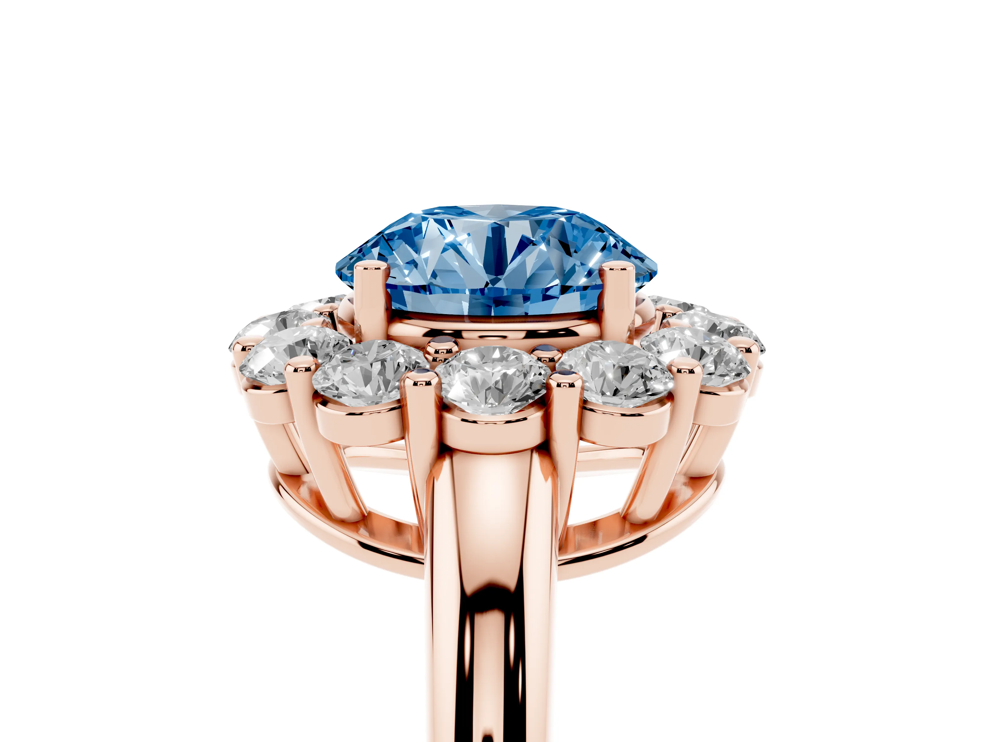 Fancy Blue Round Cut Diamond Halo Cluster Engagement Ring Set in Rose gold with Polished Band and Prong Setting