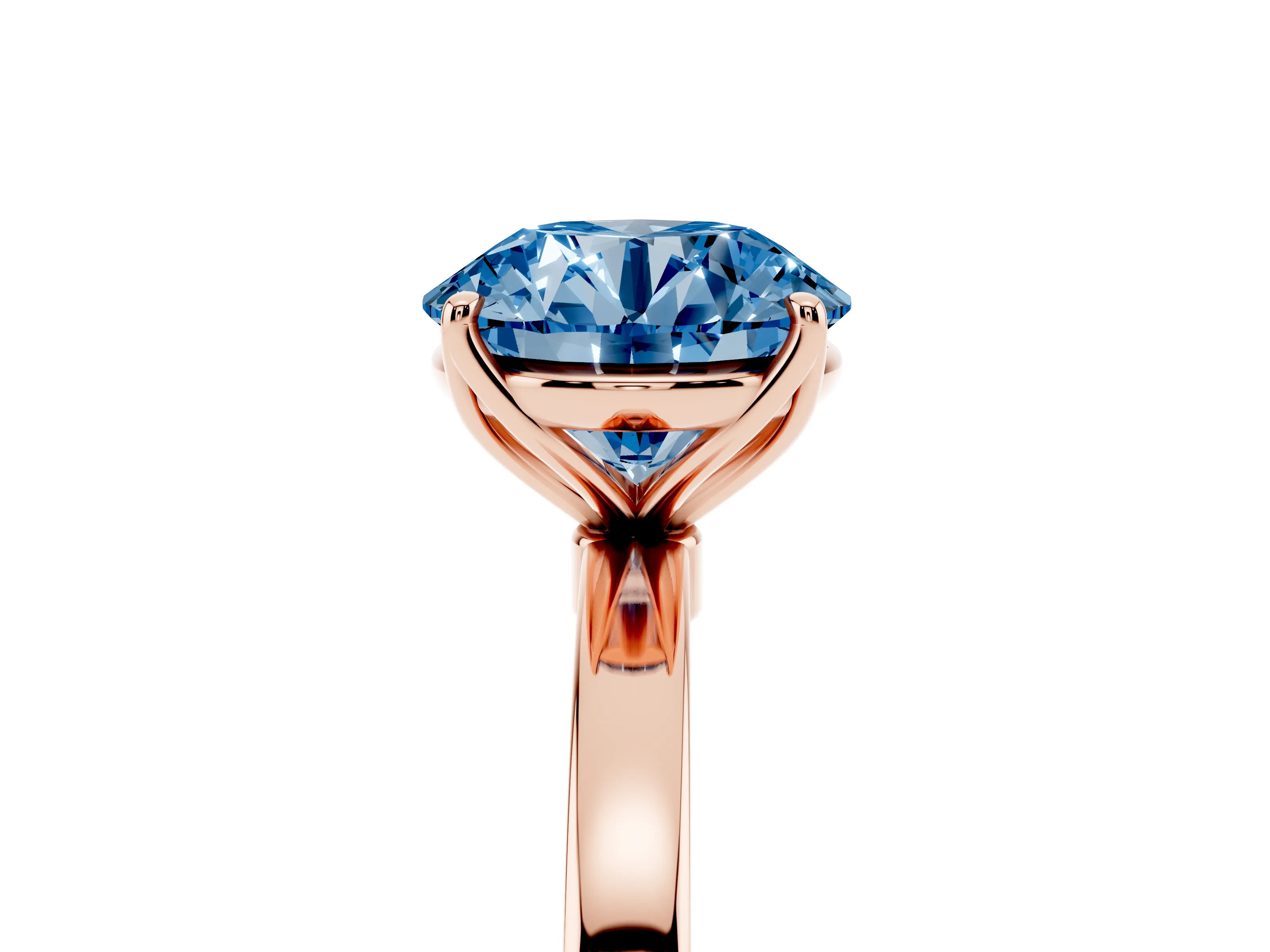 Fancy Blue Round Cut Diamond Solitaire Ring Set in Rose gold with Prong Setting and Thin Polished Band