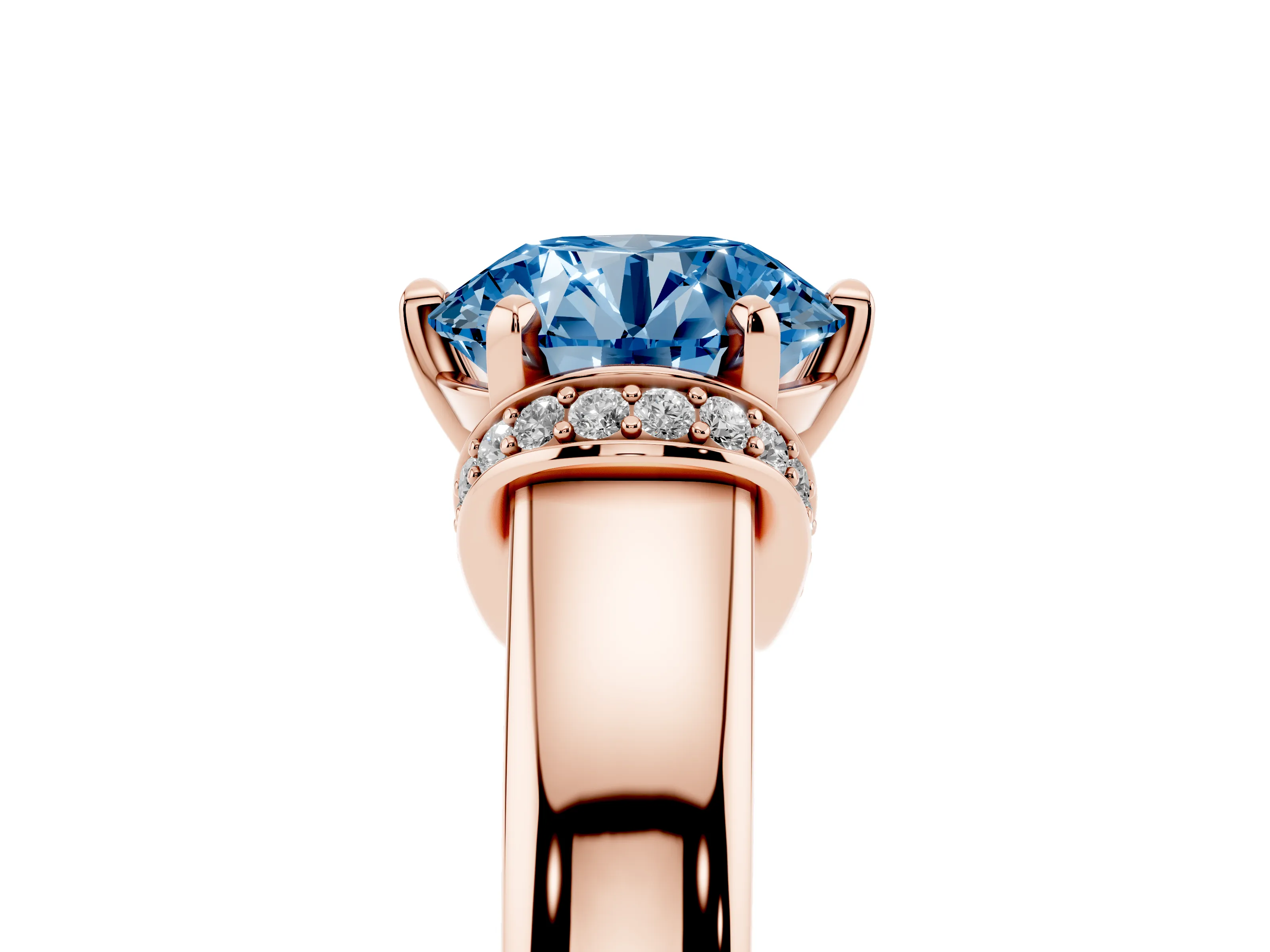Fancy Blue Round Cut Diamond Pavé Band Solitaire Ring Set in Rose gold with Prong Setting