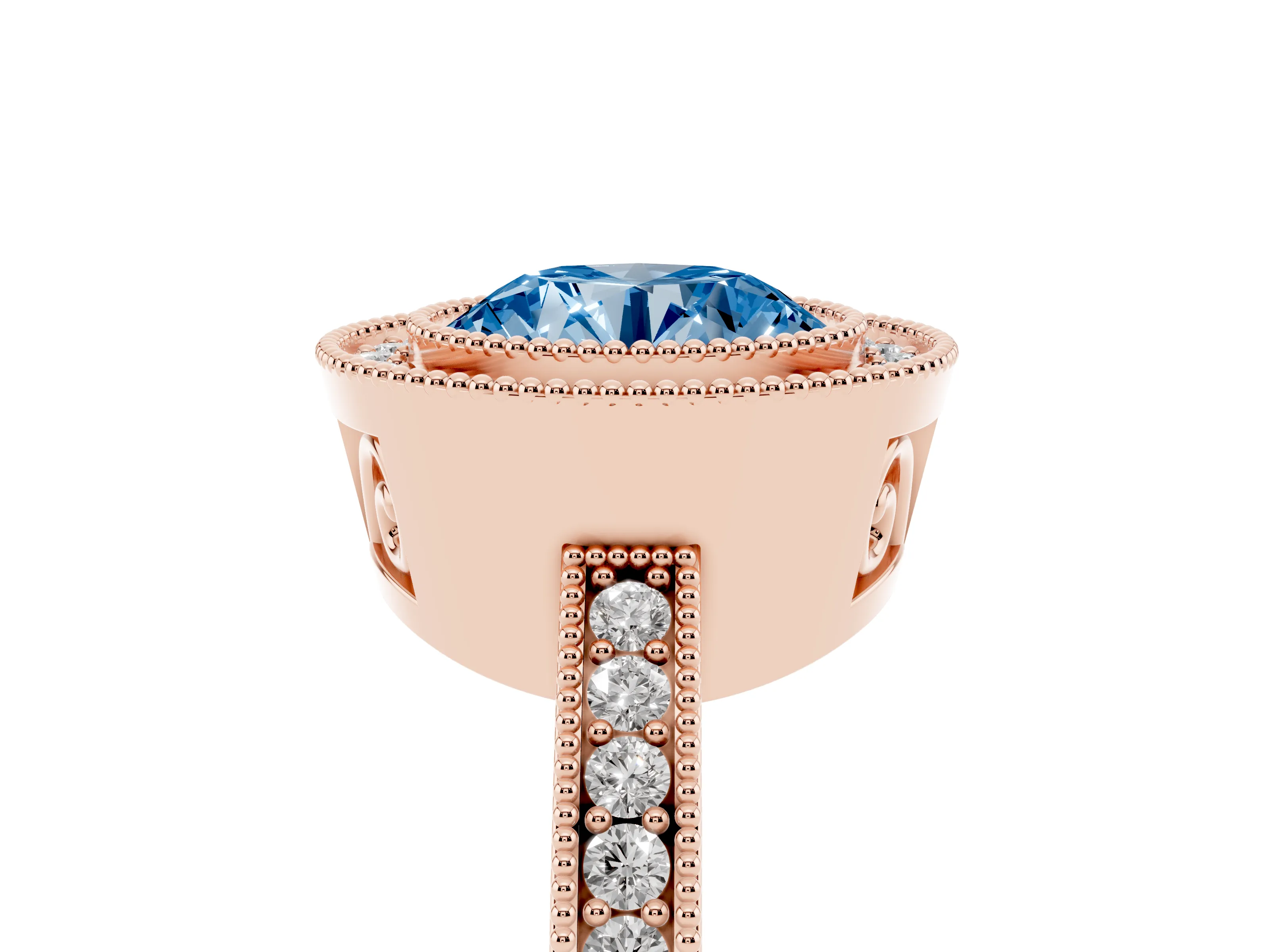 Fancy Blue Round Cut Diamond Round Halo Ring Set in Rose gold with Pavé Band