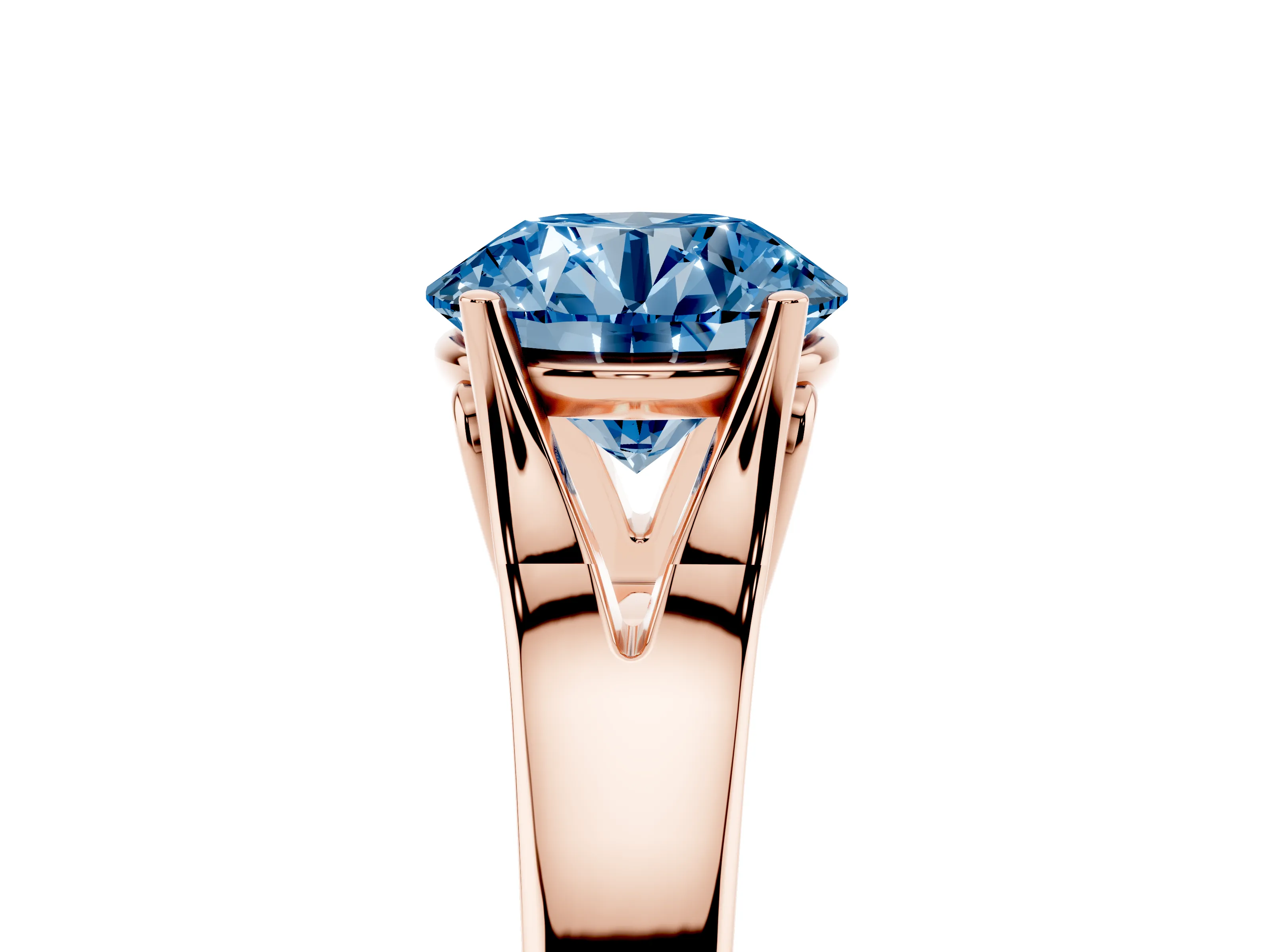 Fancy Blue Round Cut Diamond Solitaire Ring Set in Rose gold with Arched Cathedral Band and Prong Setting