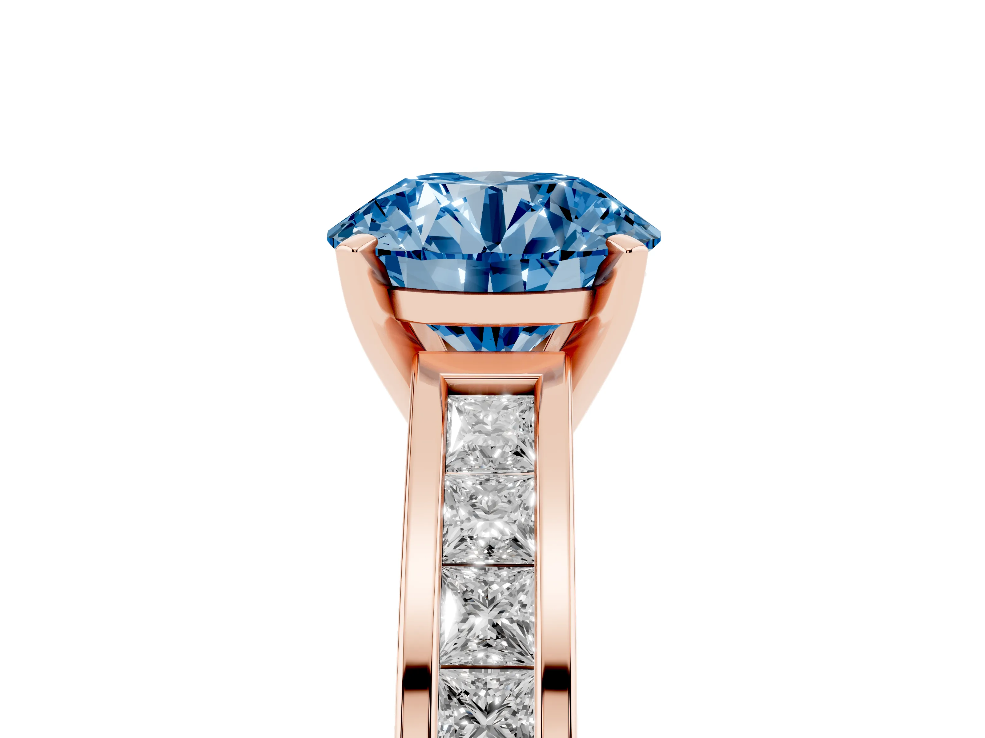 Fancy Blue Round Cut Diamond Solitaire Ring Set in Rose gold with Channel-Set Band and Prong Setting