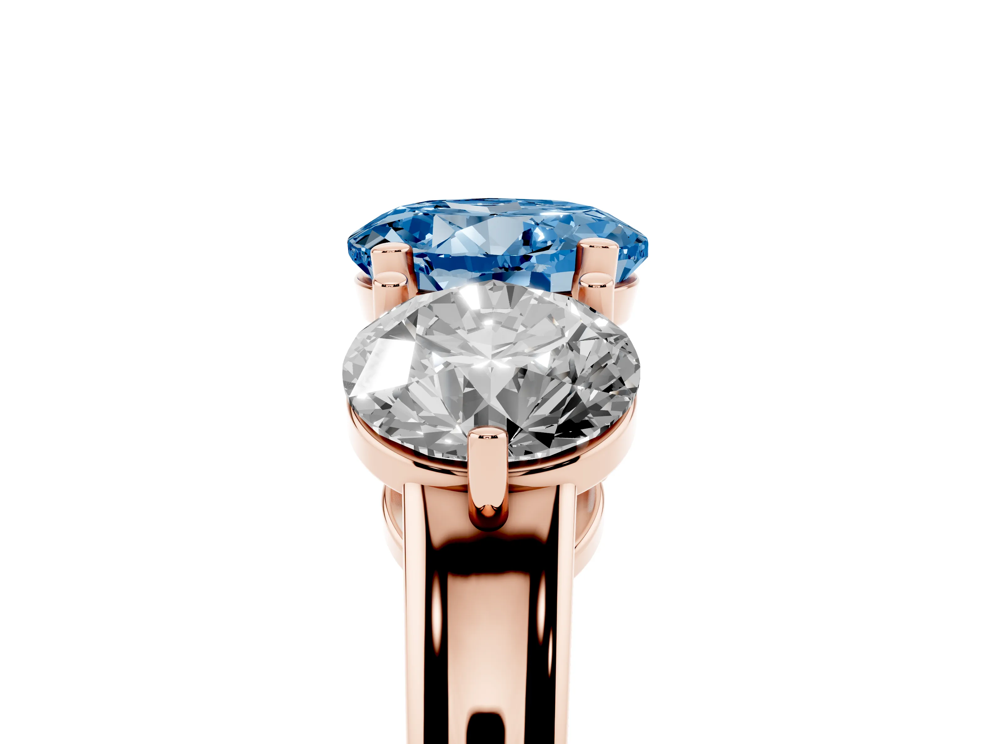 Fancy Blue Round Cut Diamond Three-Stone Ring Set in Rose gold with Prong Setting and Plain Band