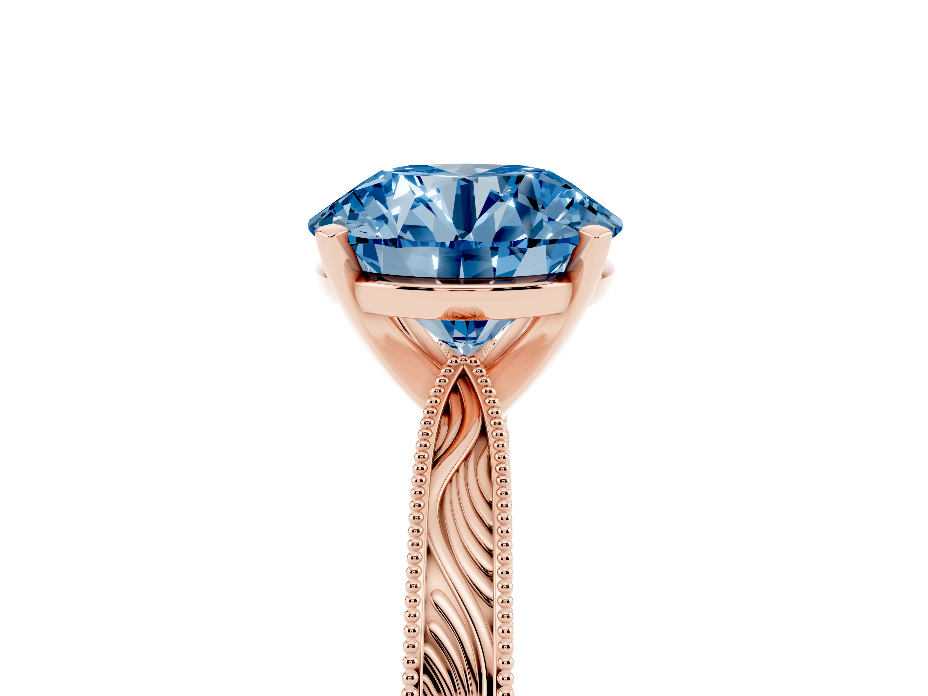 Fancy Blue Round Cut Diamond Solitaire Milgrain Engraved Band Set in Rose gold with Prong Setting