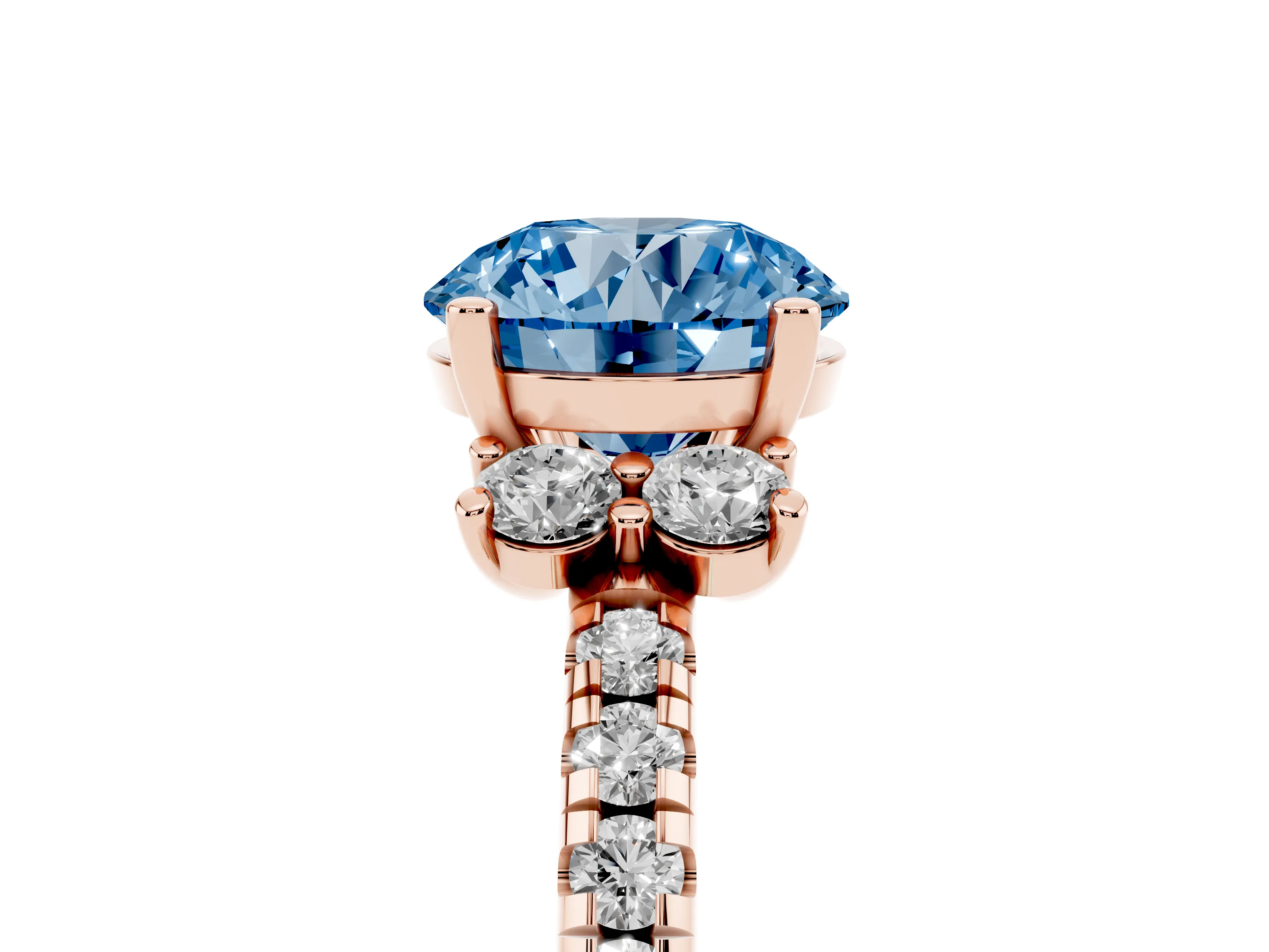 Fancy Blue Round Cut Diamond Three-Stone Pavé Ring Set in Rose gold with Prong Setting