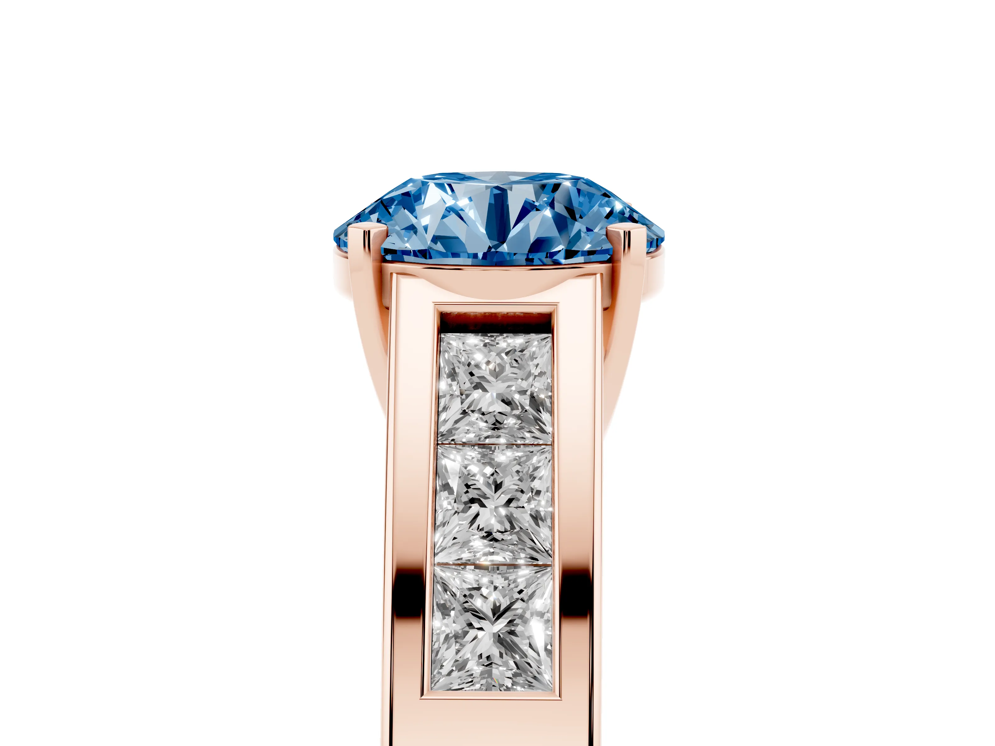 Fancy Blue Round Cut Diamond Solitaire Ring Set in Rose gold with Channel-Set Accent Stones and Prong Setting
