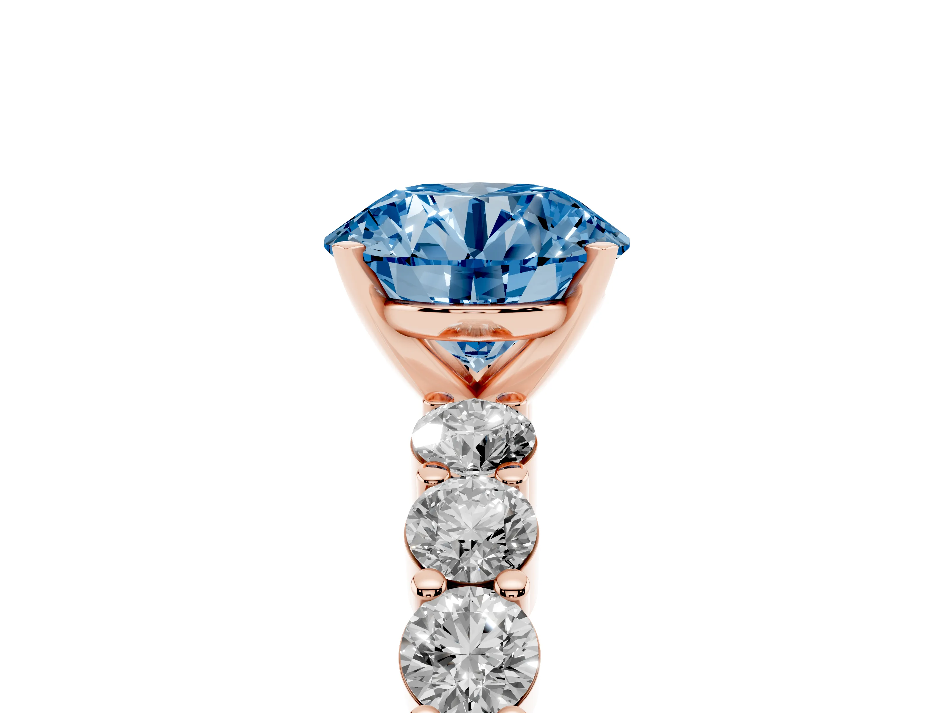 Fancy Blue Round Cut Diamond Solitaire Ring Set in Rose gold with Shared Prong Round Side Stones