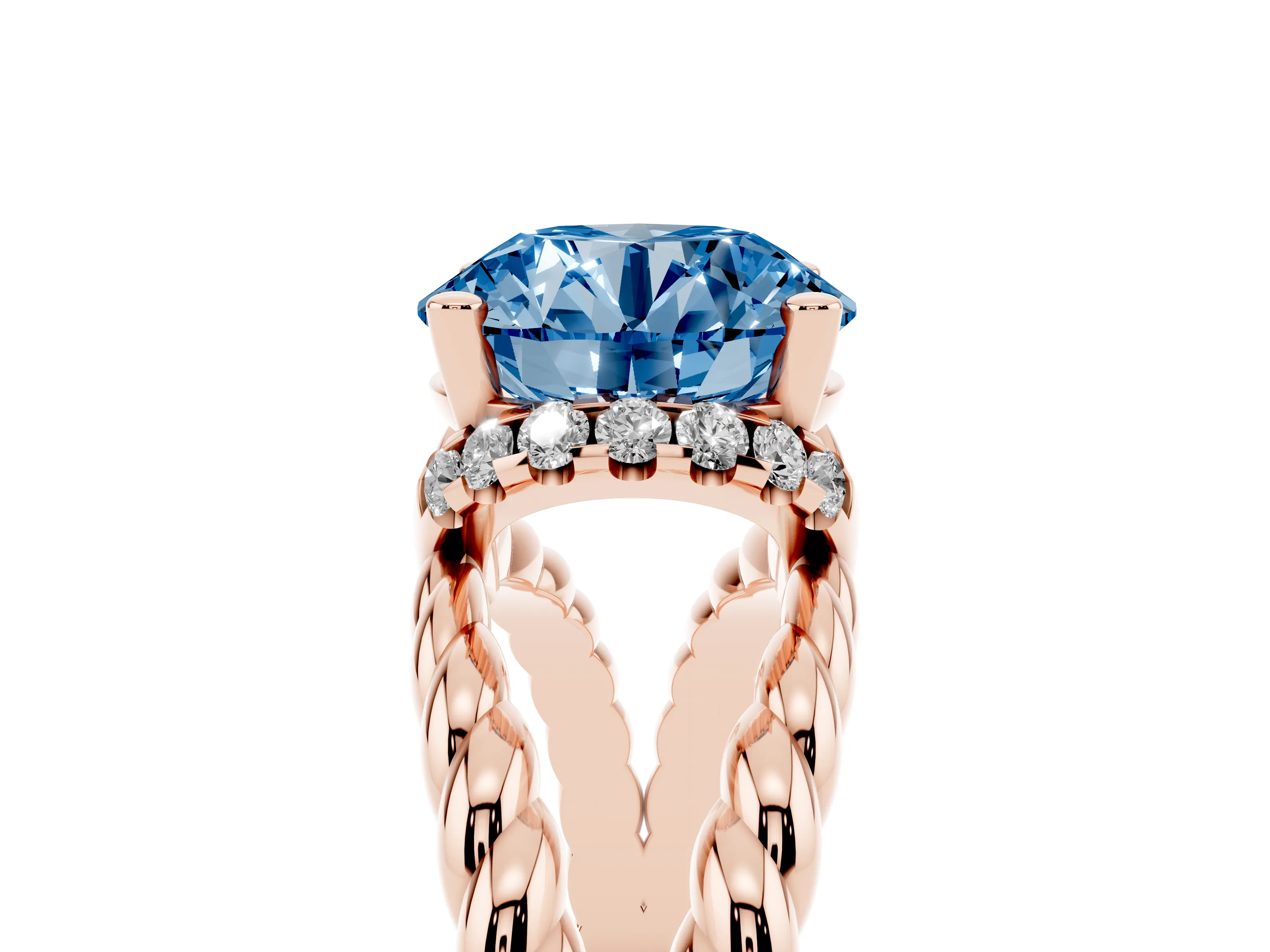 Fancy Blue Round Cut Diamond Halo Ring Set in Rose gold with Twisted Band and Prong Setting