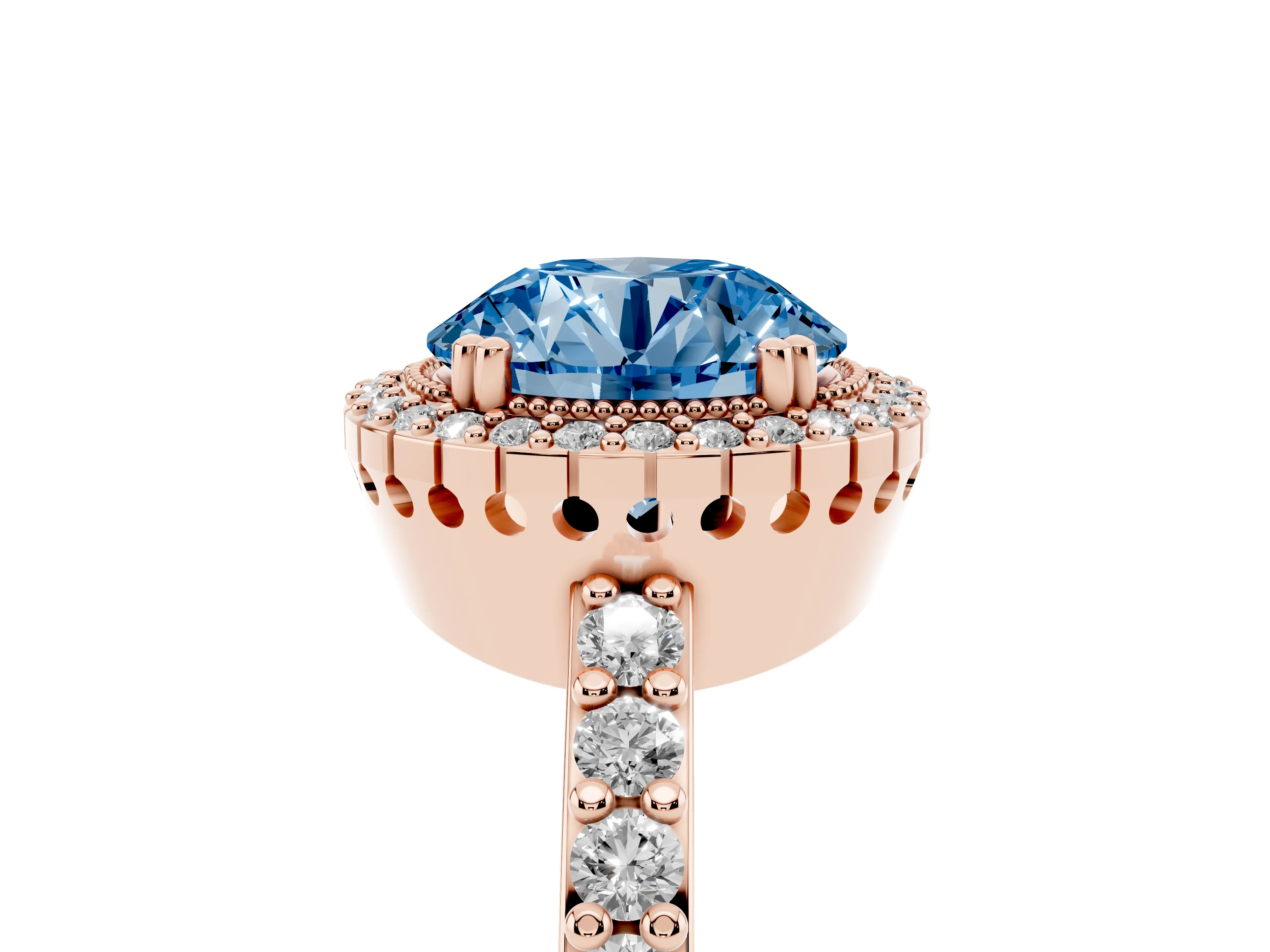 Fancy Blue Round Cut Diamond Halo Engagement Ring Set in Rose gold with Milgrain Detail and Pavé Band