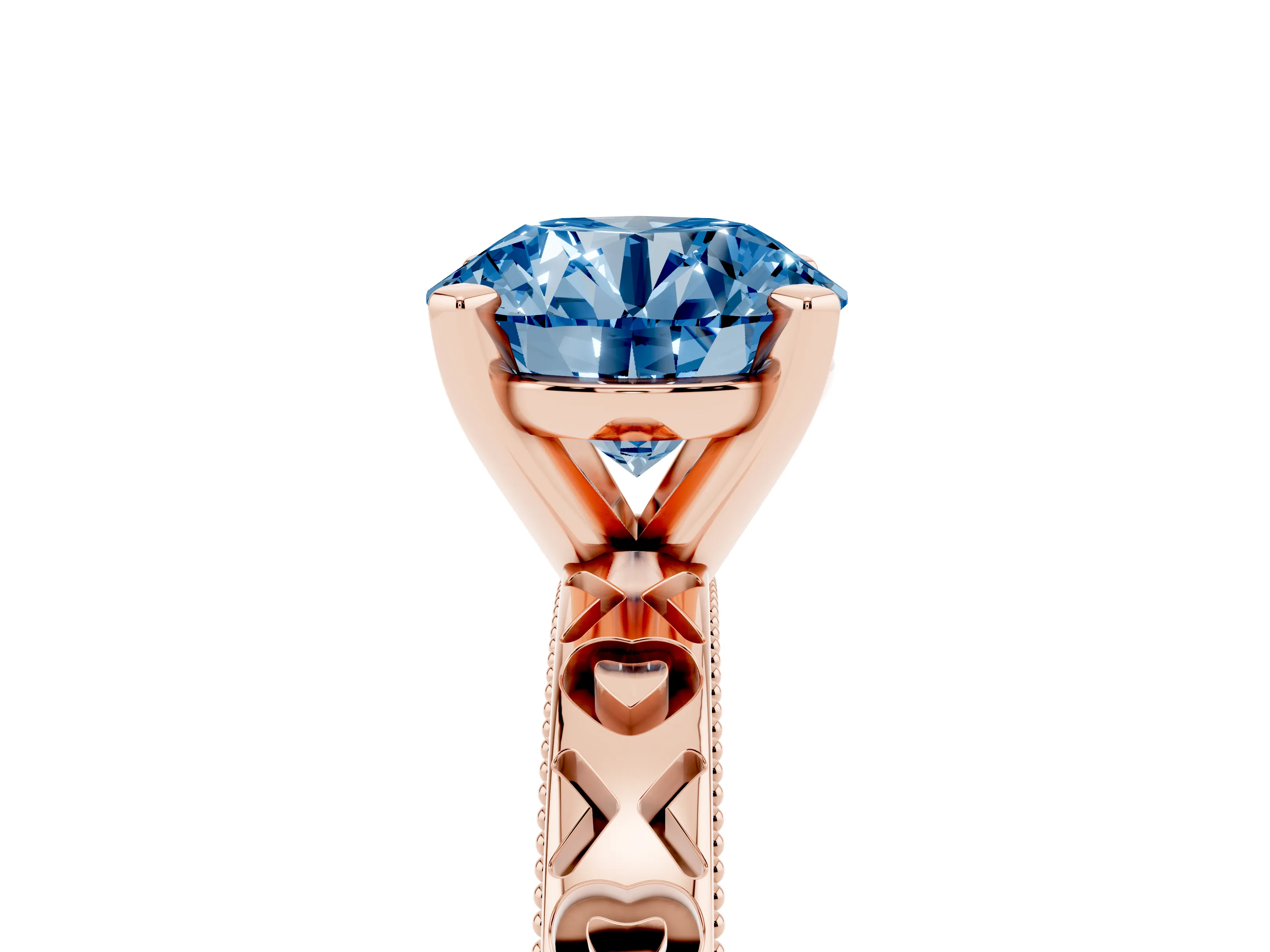 Fancy Blue Round Cut Diamond Solitaire Engagement Ring Set in Rose gold with XO Engraved Band and Prong Setting