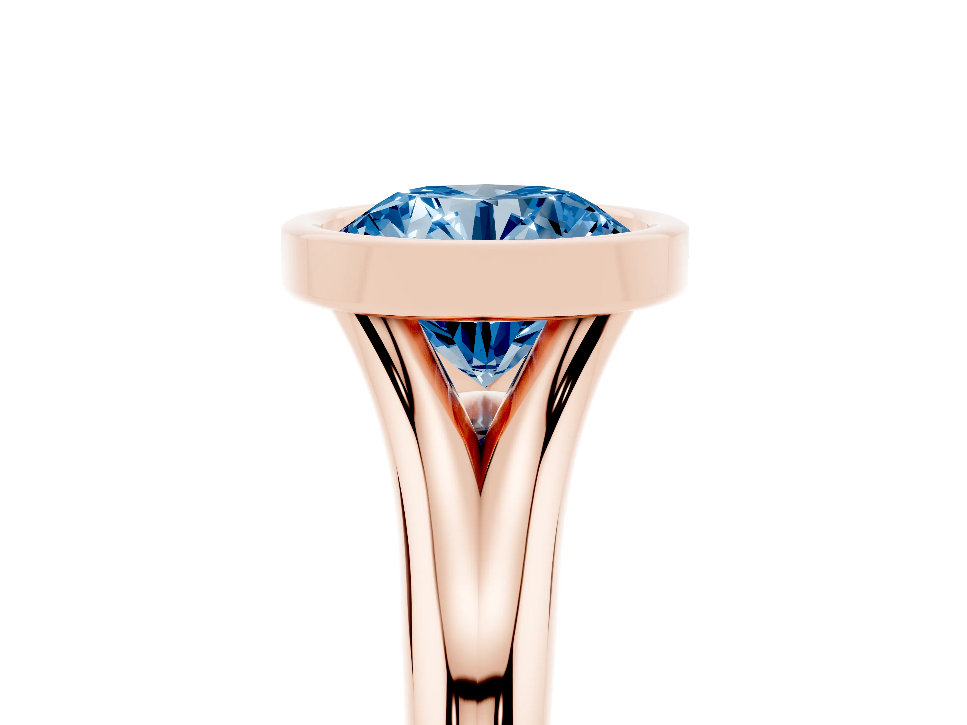 Fancy Blue Bezel Set Round Cut Diamond Solitaire Ring Set in Rose gold with Smooth Band
