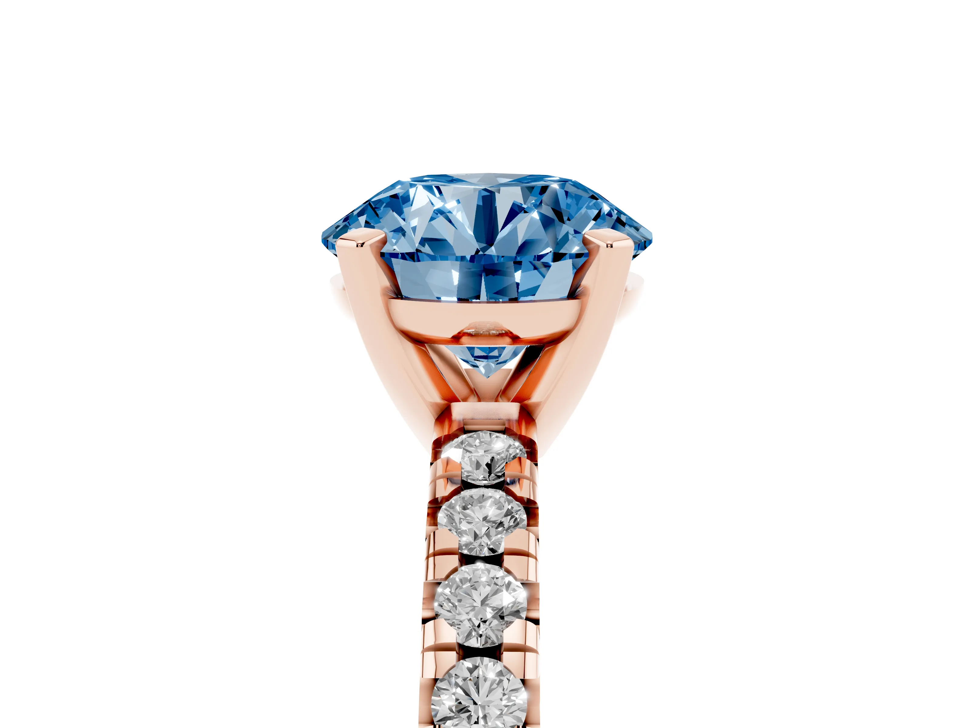 Fancy Blue Round Cut Diamond Solitaire Pavé Engagement Ring Set in Rose gold with Round Band and Prong Setting