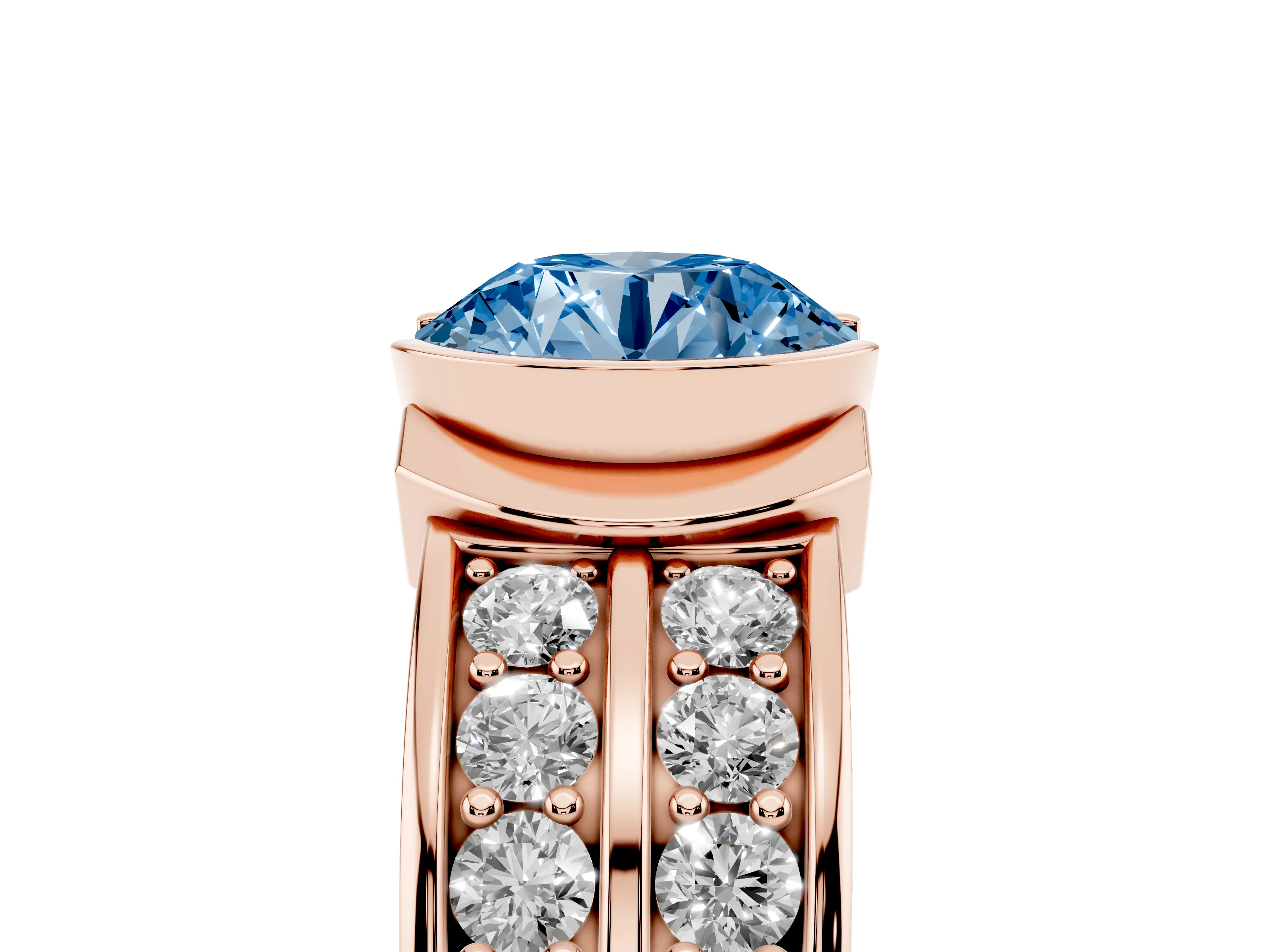Fancy Blue Round Cut Diamond Wide Channel Set Band Ring Set in Rose gold with Bezel Setting