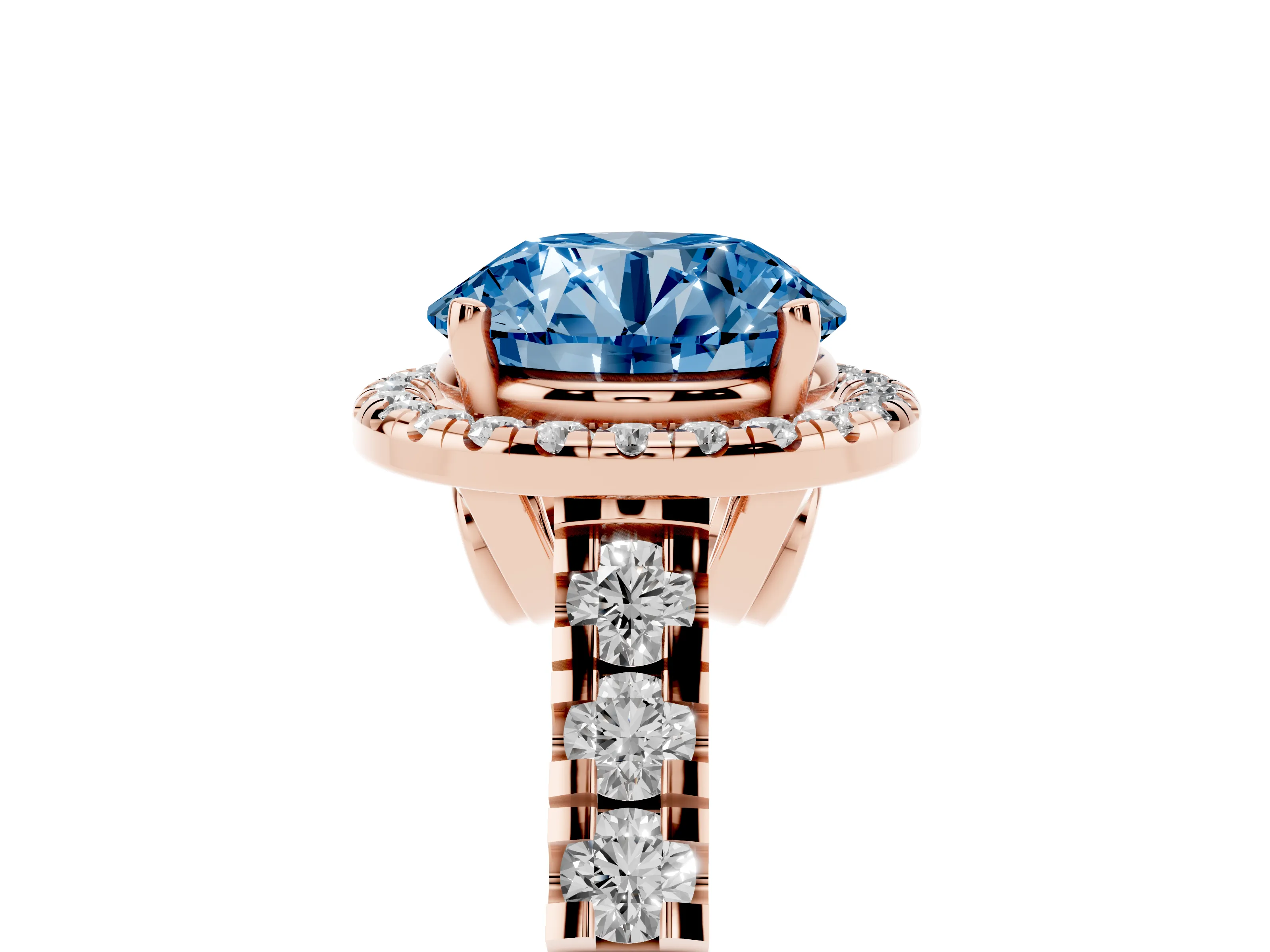 Fancy Blue Round Cut Diamond Halo Engagement Ring Set in Rose gold with Pavé Band and Prong-Set Center