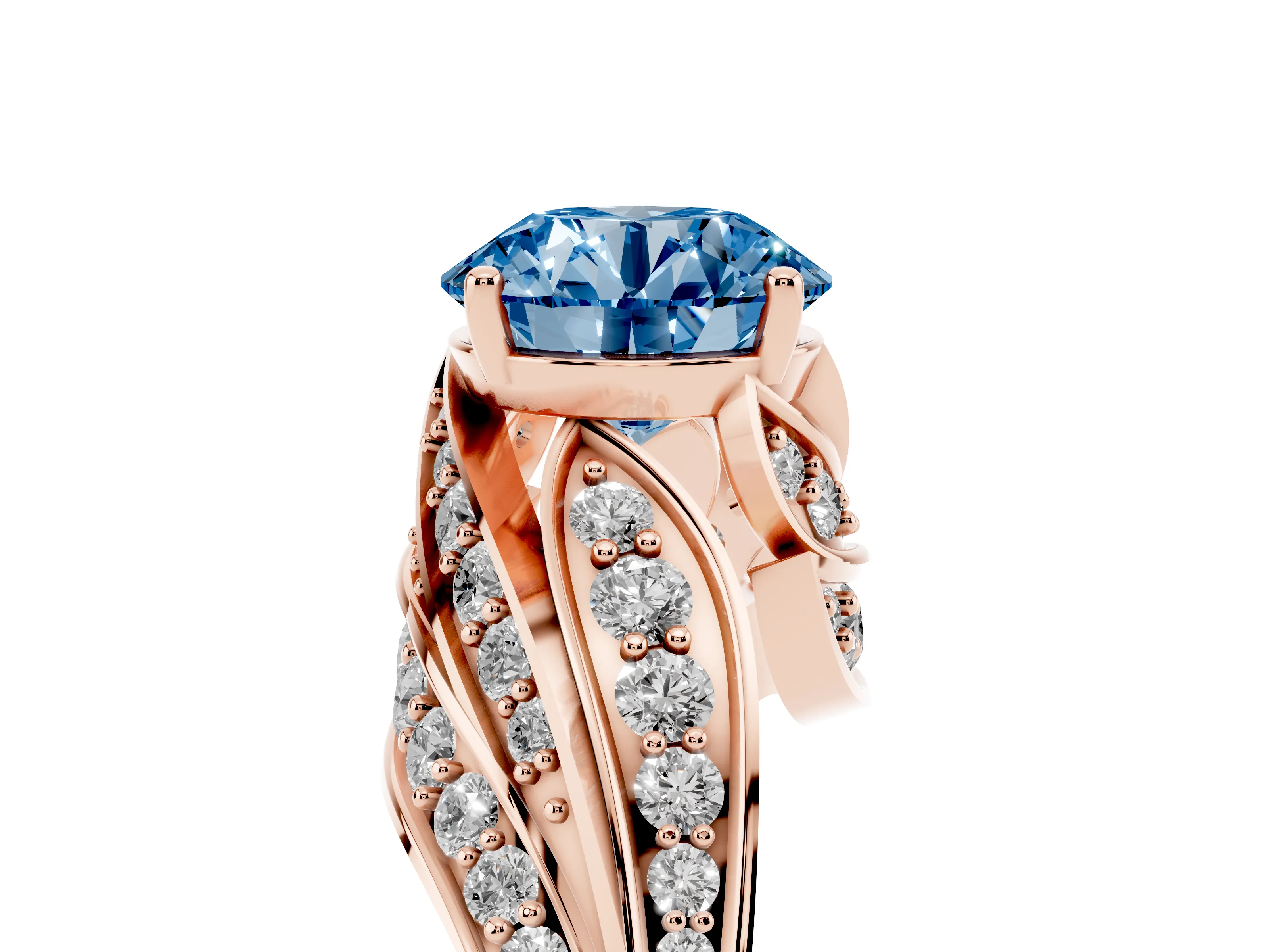 Fancy Blue Round Cut Diamond Solitaire Ring Set in Rose gold with Layered Twist Pavé Band
