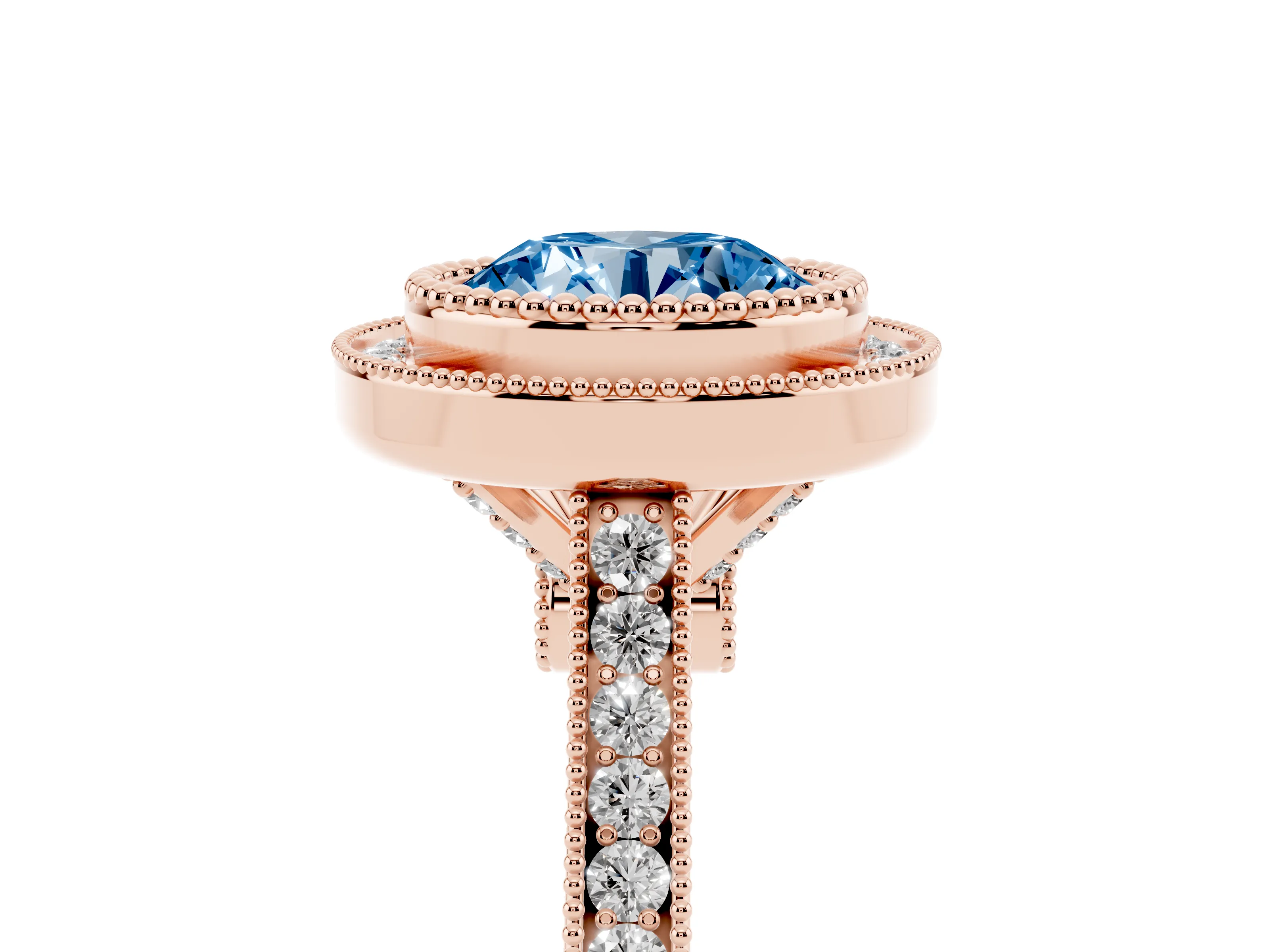 Fancy Blue Round Cut Diamond Halo Ring Set in Rose gold with Milgrain Frame and Pavé Band